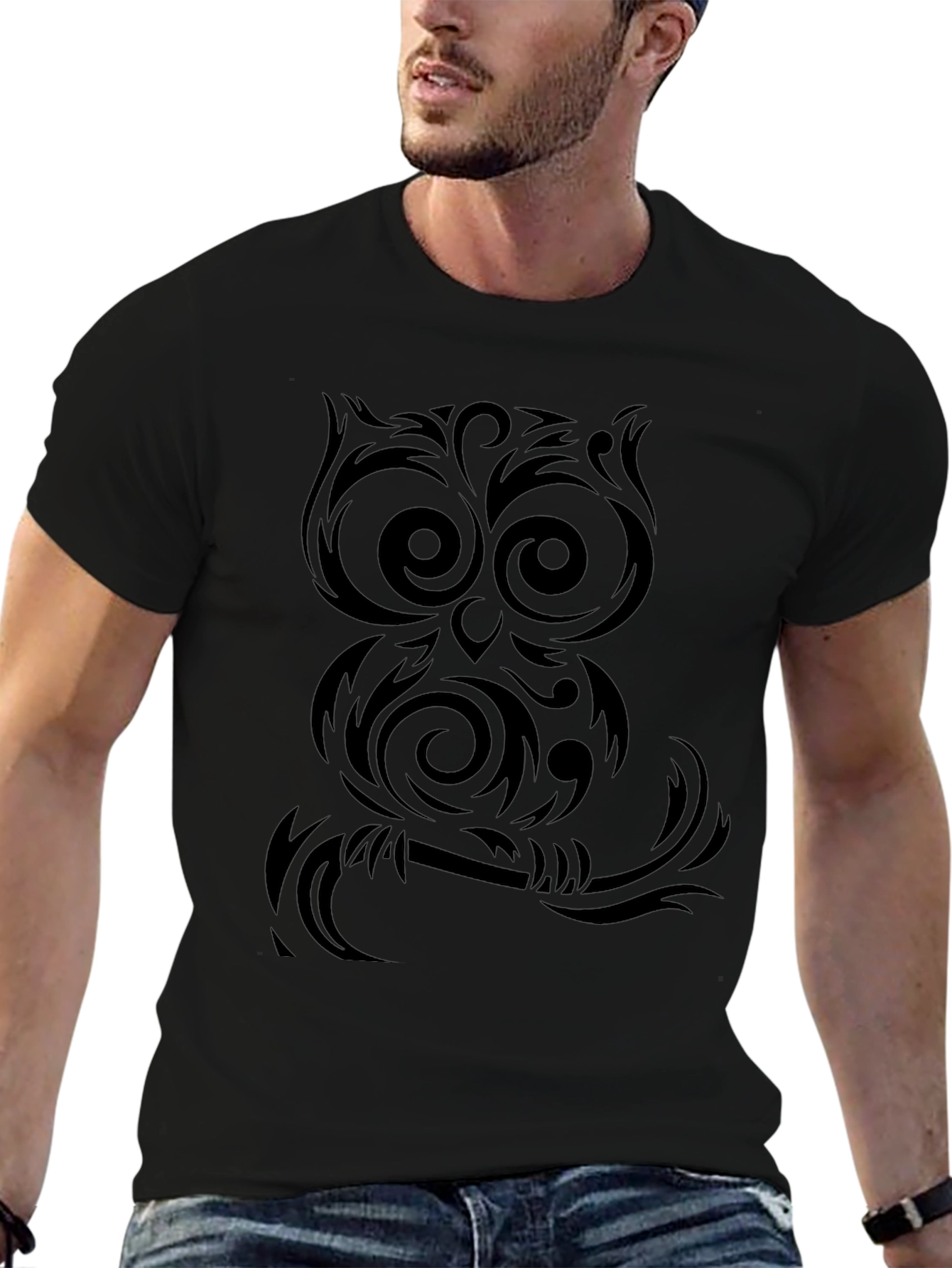 Tribal Owl Graphic Tee - Black Cotton Shirt