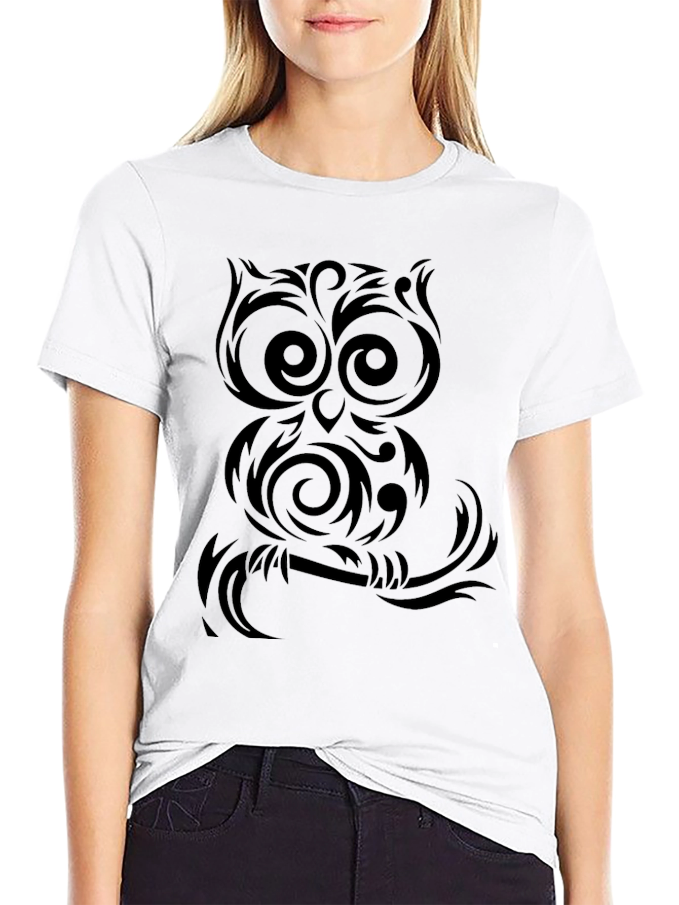 Tribal Owl Graphic Tee - Black Cotton Shirt
