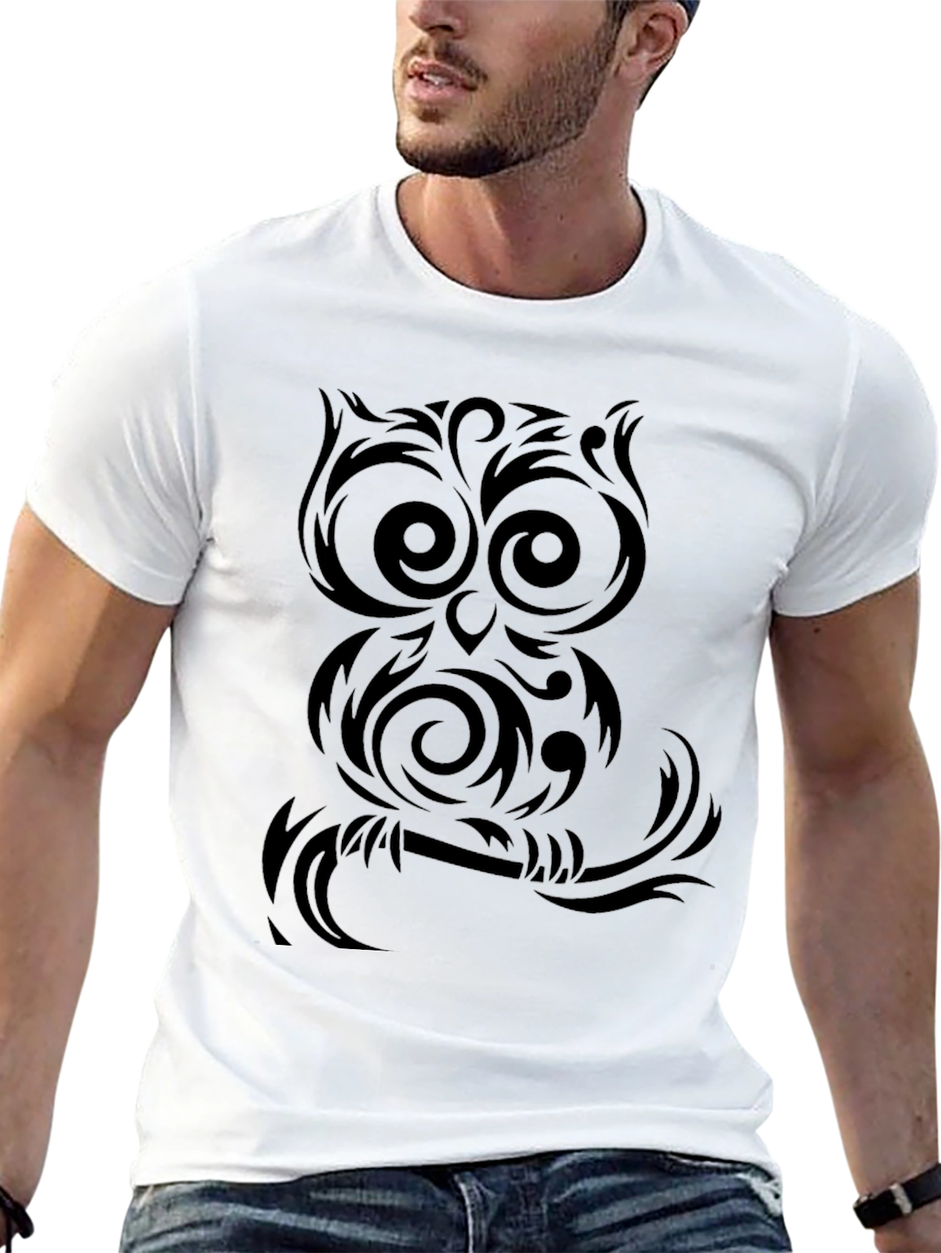 Tribal Owl Graphic Tee - Black Cotton Shirt
