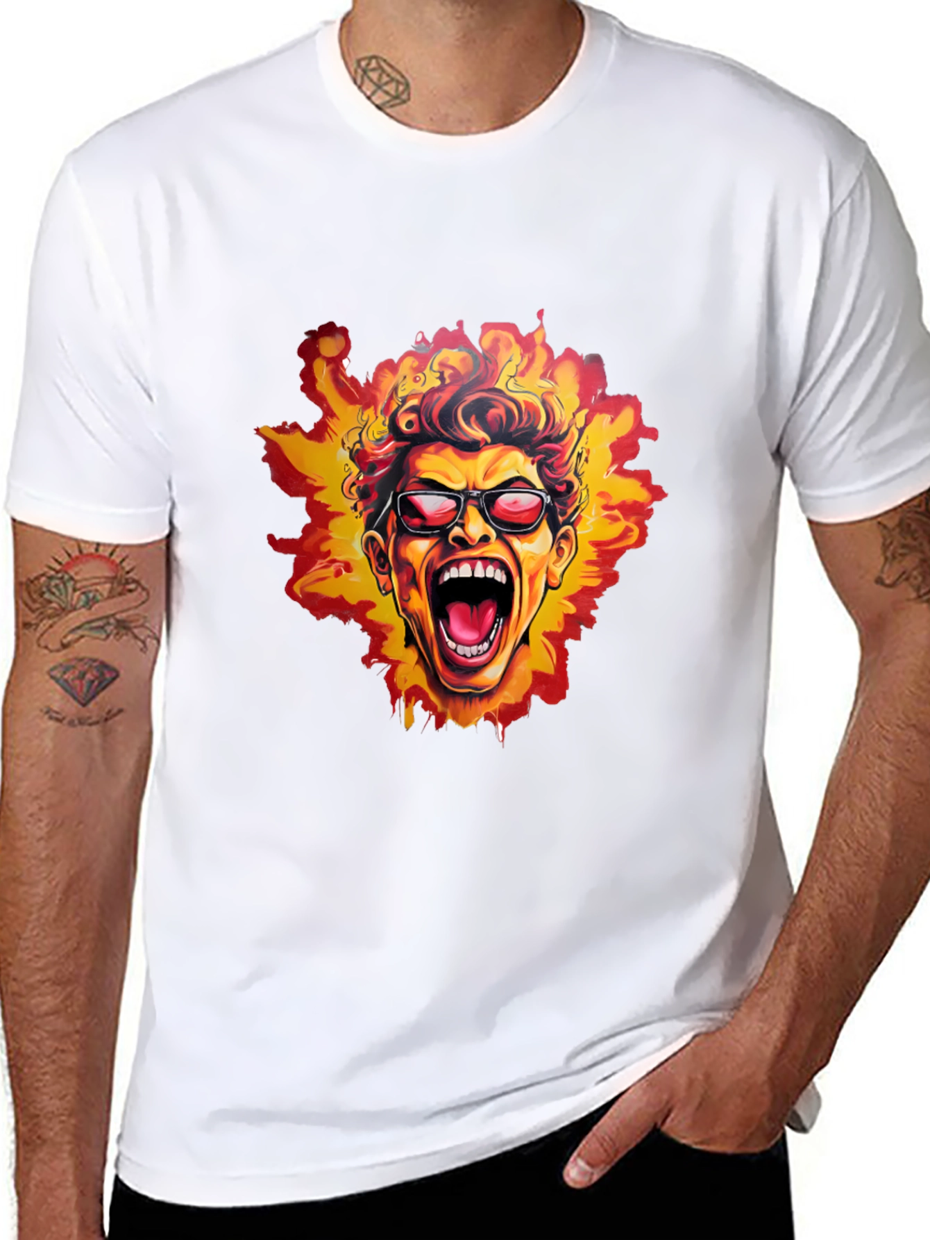 Fiery Screaming Face Graphic Black T-Shirt