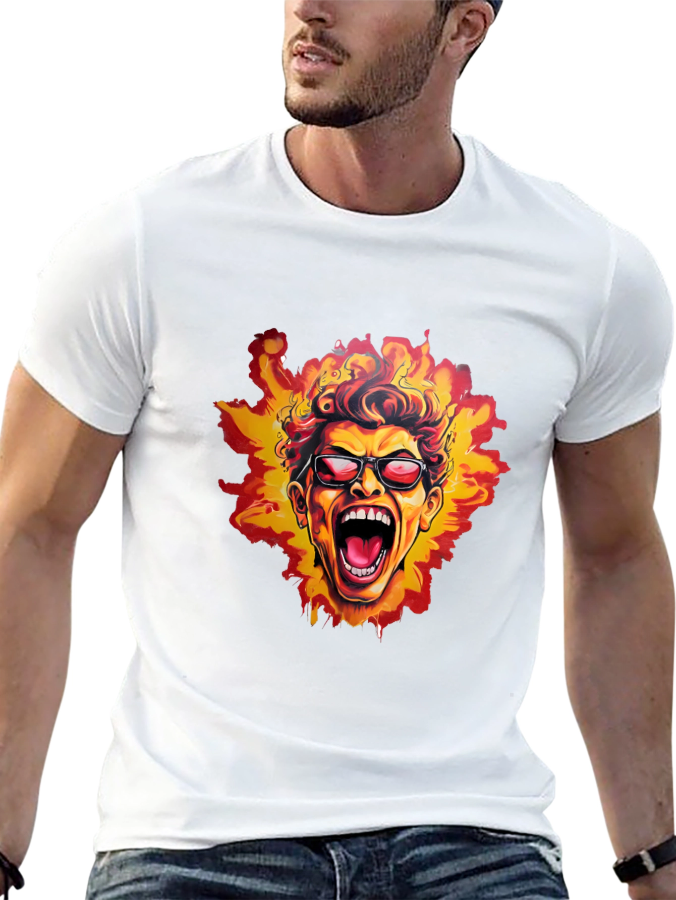 Fiery Screaming Face Graphic Black T-Shirt