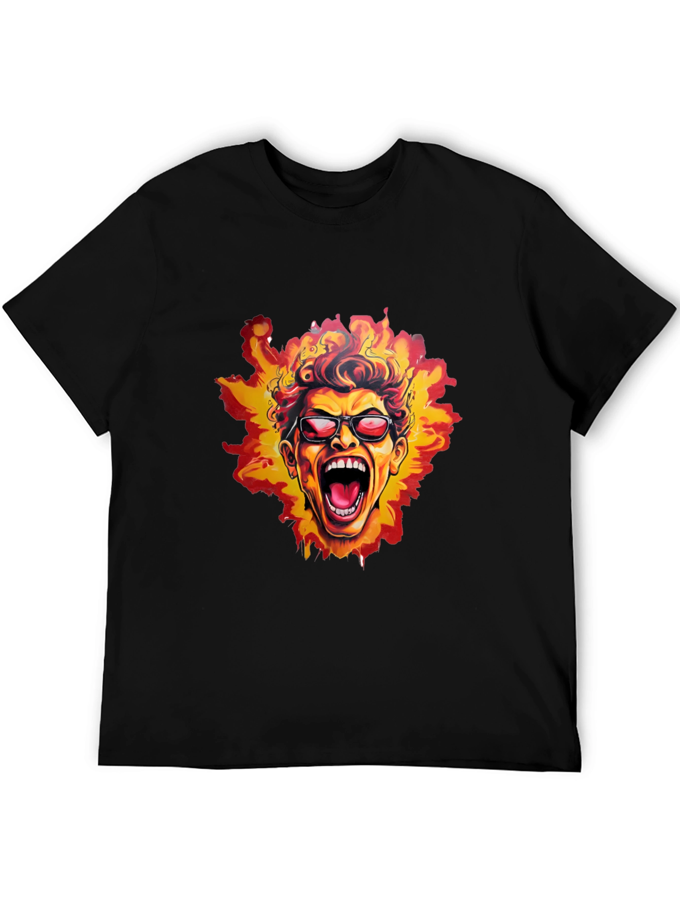 Fiery Screaming Face Graphic Black T-Shirt
