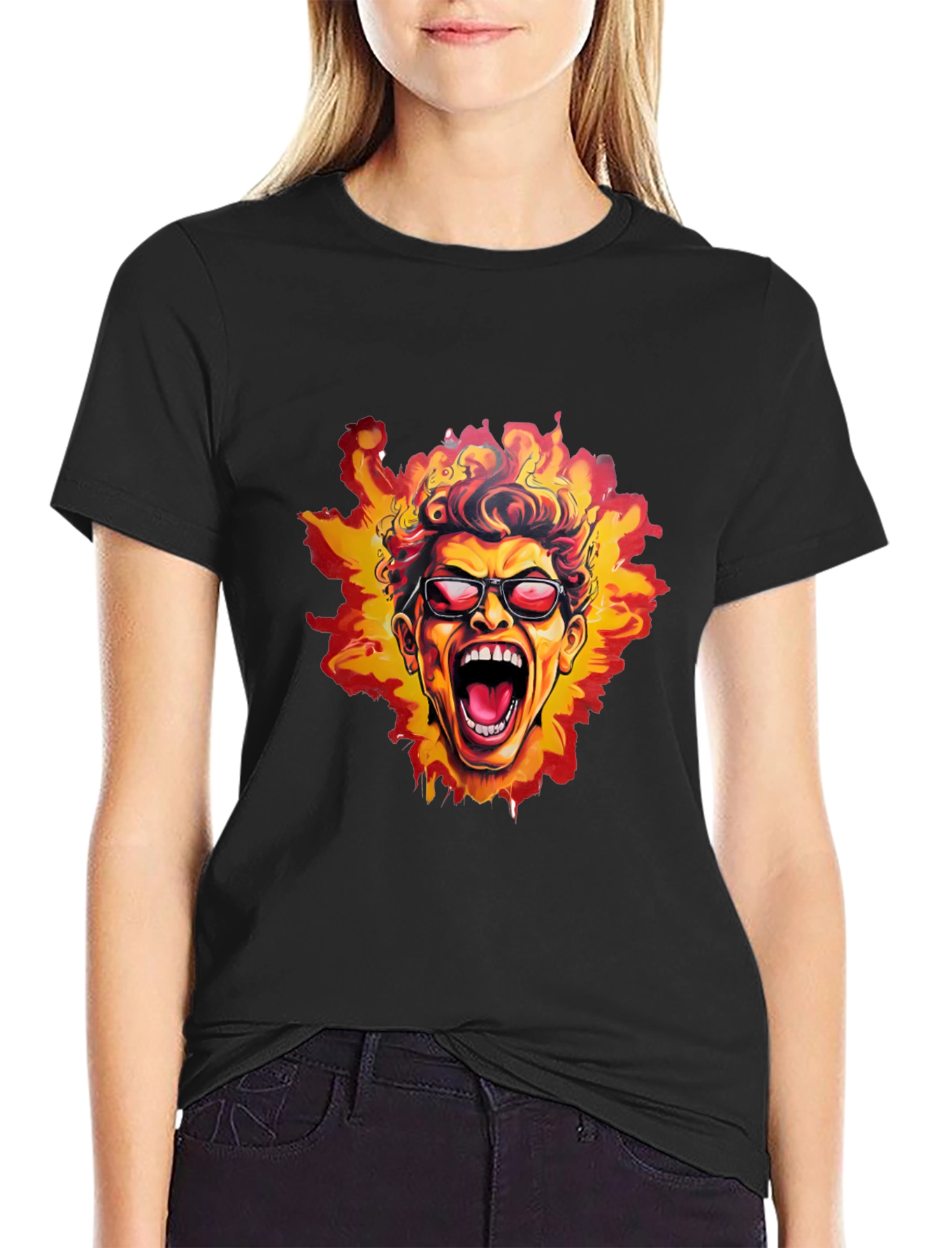 Fiery Screaming Face Graphic Black T-Shirt