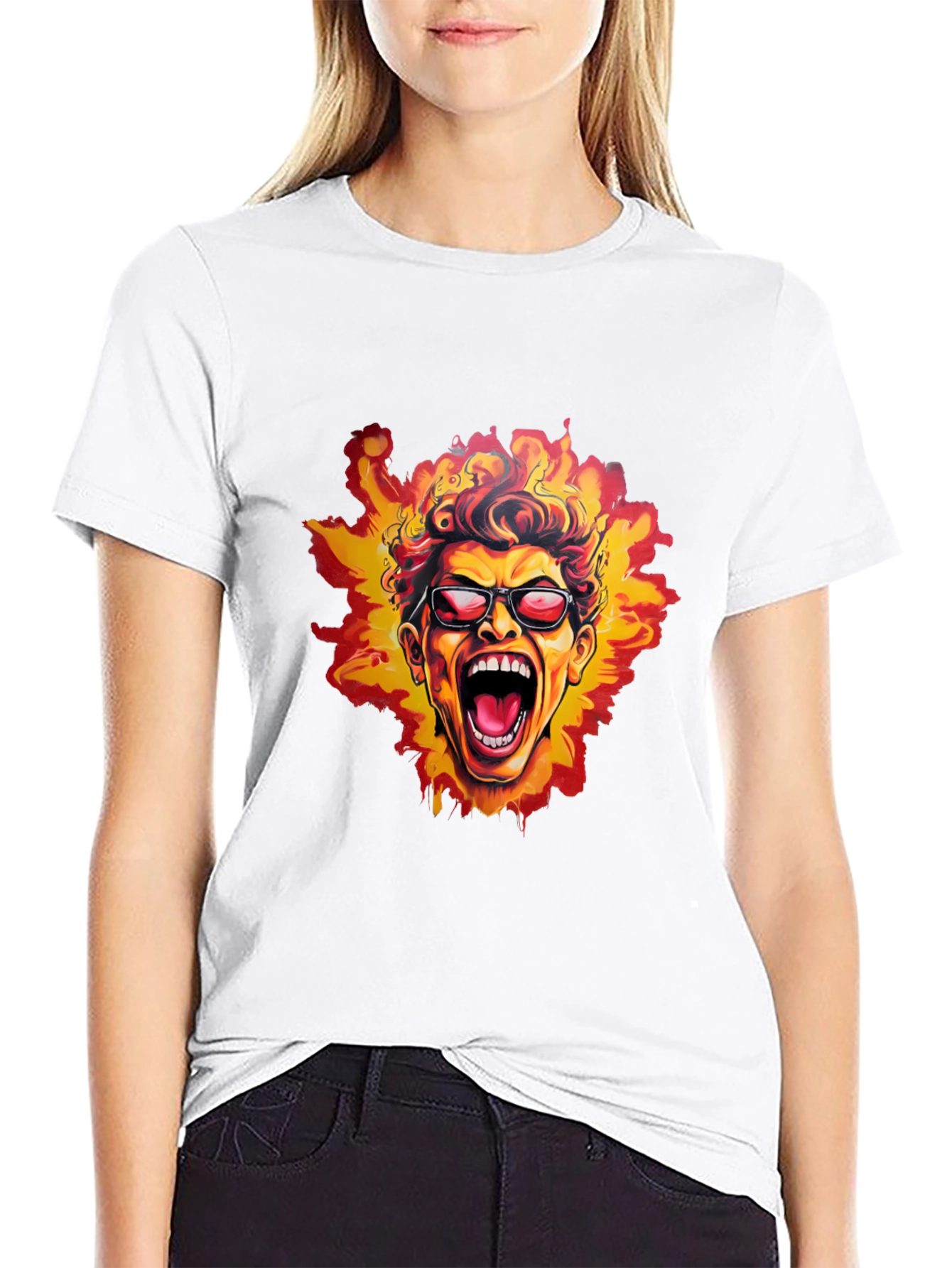 Fiery Screaming Face Graphic Black T-Shirt