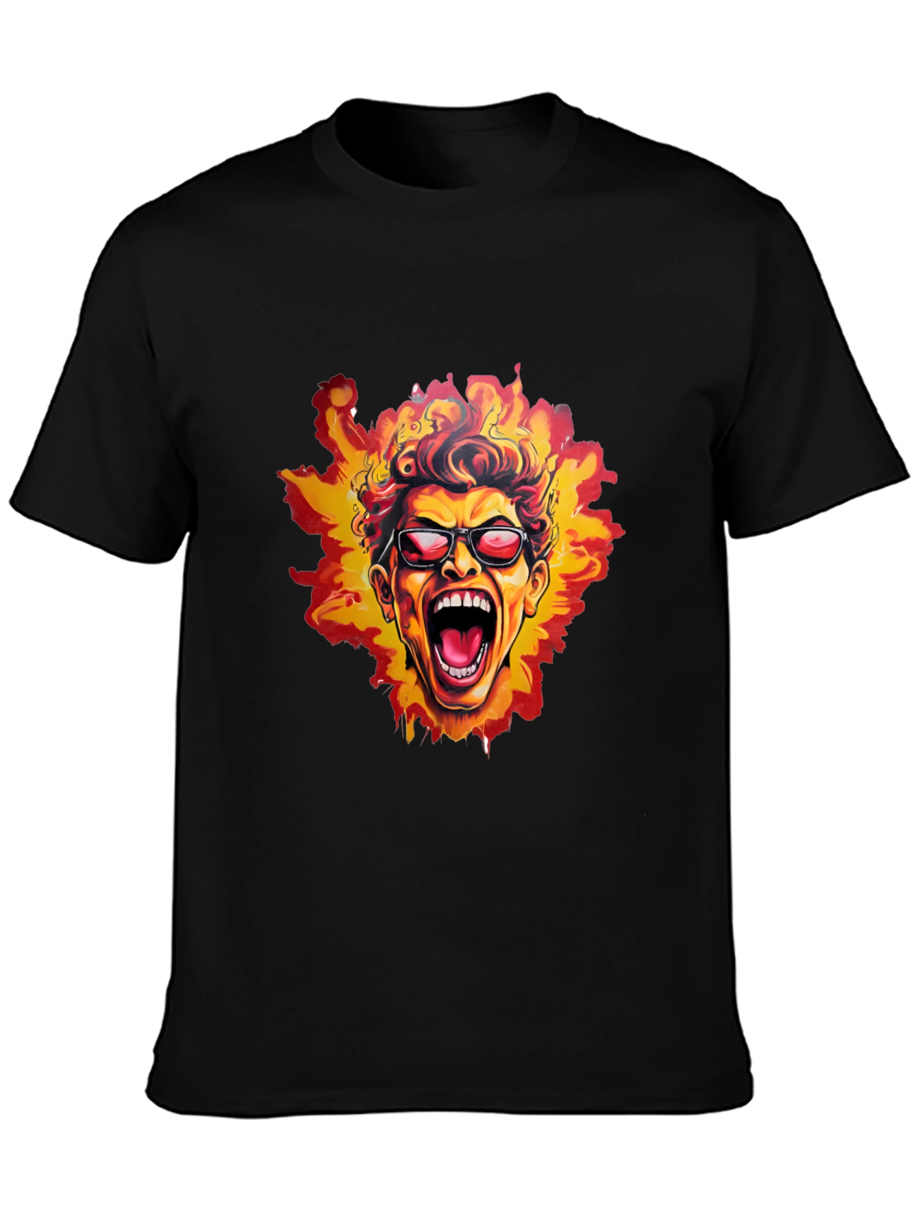 Fiery Screaming Face Graphic Black T-Shirt