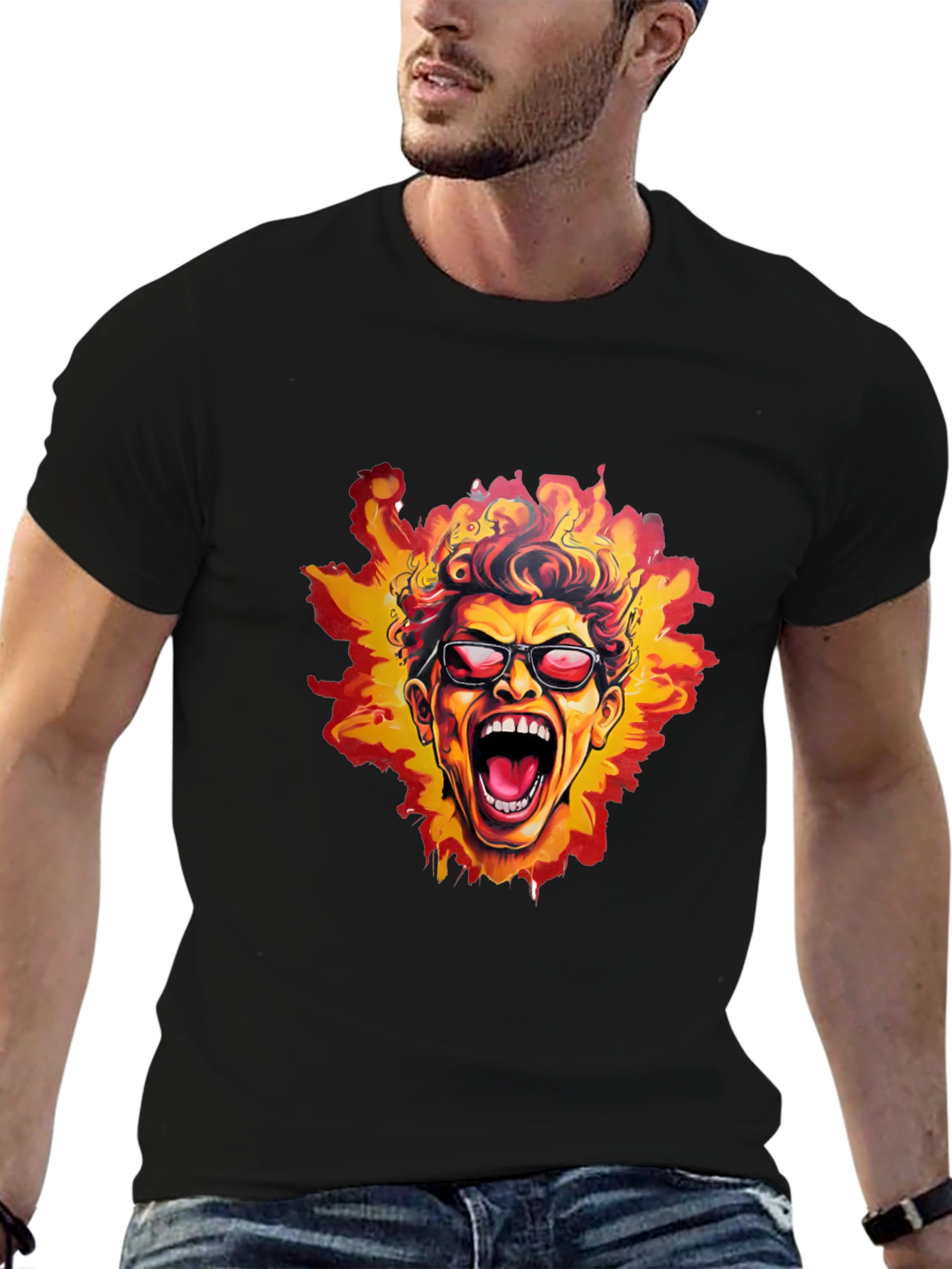 Fiery Screaming Face Graphic Black T-Shirt