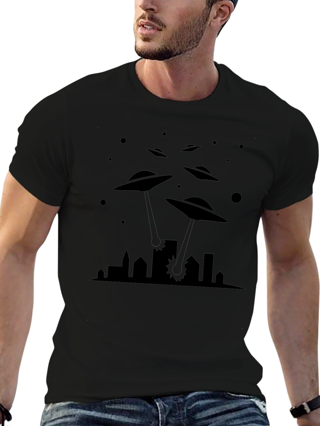 UFO Invasion Graphic Tee - Black Cotton T-Shirt