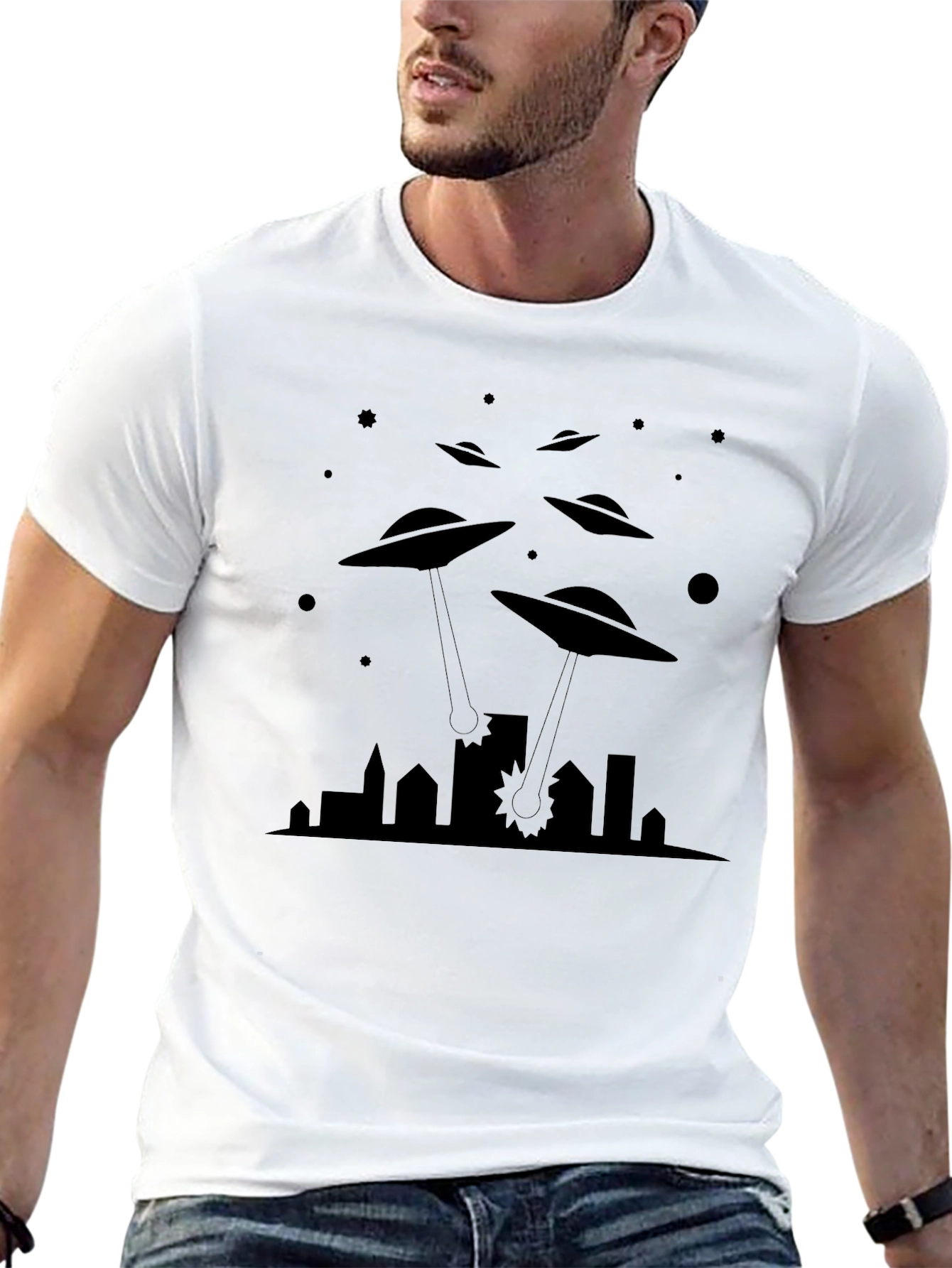 UFO Invasion Graphic Tee - Black Cotton T-Shirt