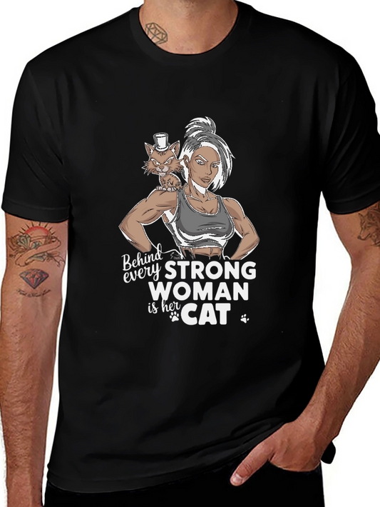Strong Woman & Cat Graphic T-Shirt