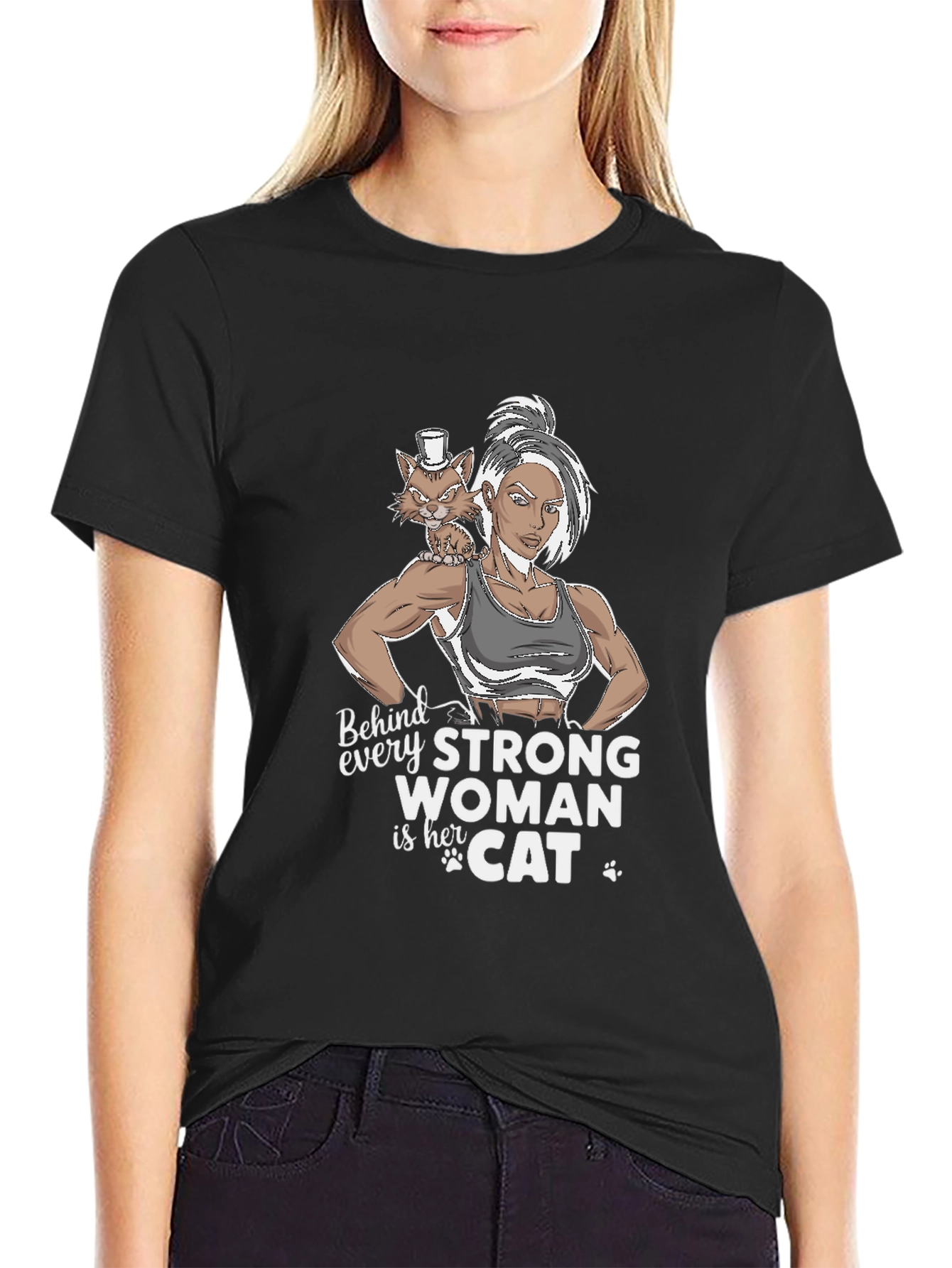 Strong Woman & Cat Graphic T-Shirt