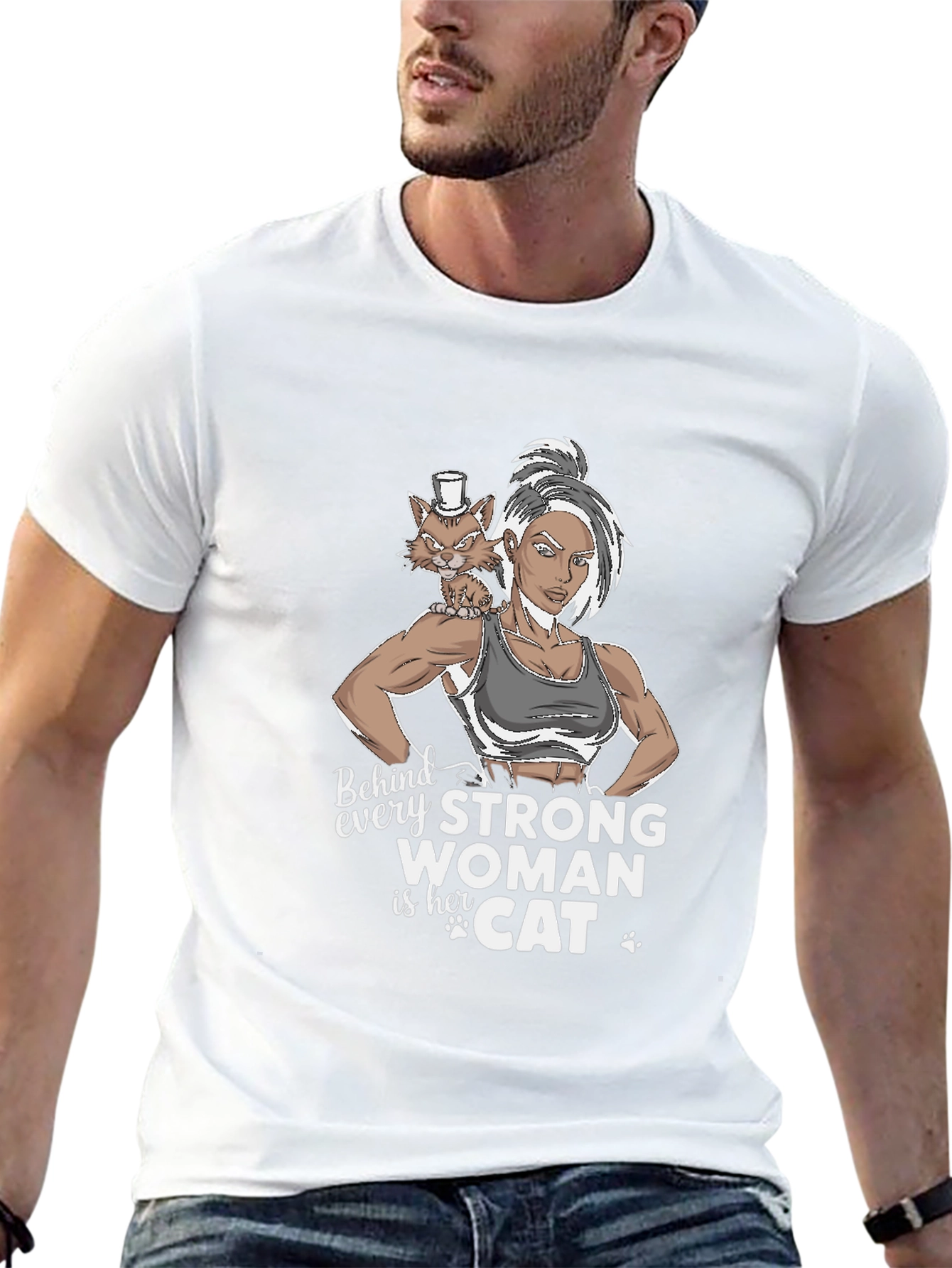 Strong Woman & Cat Graphic T-Shirt