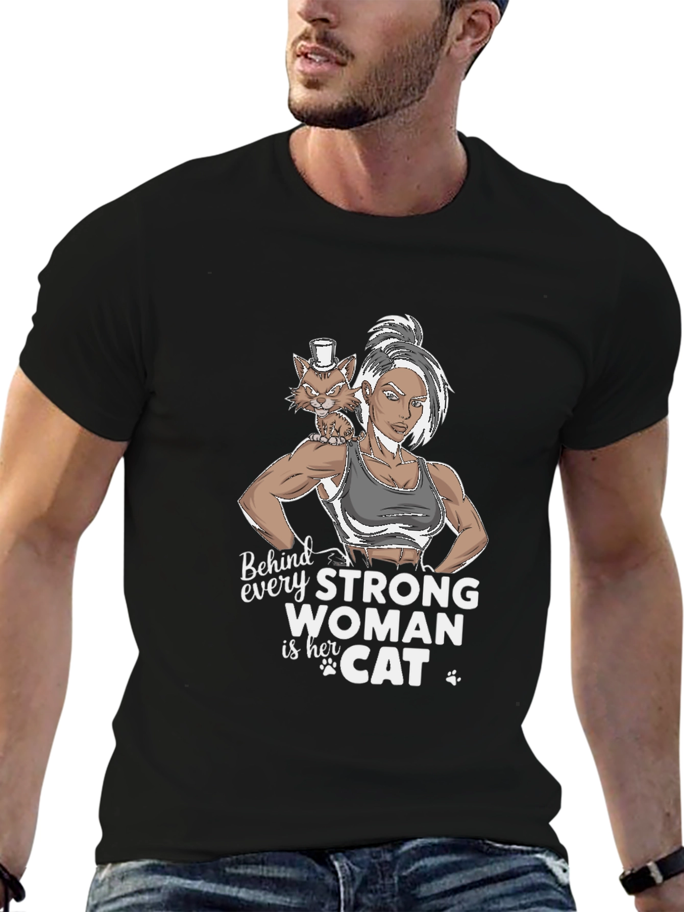 Strong Woman & Cat Graphic T-Shirt