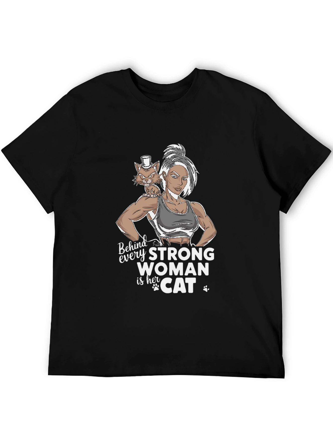 Strong Woman & Cat Graphic T-Shirt