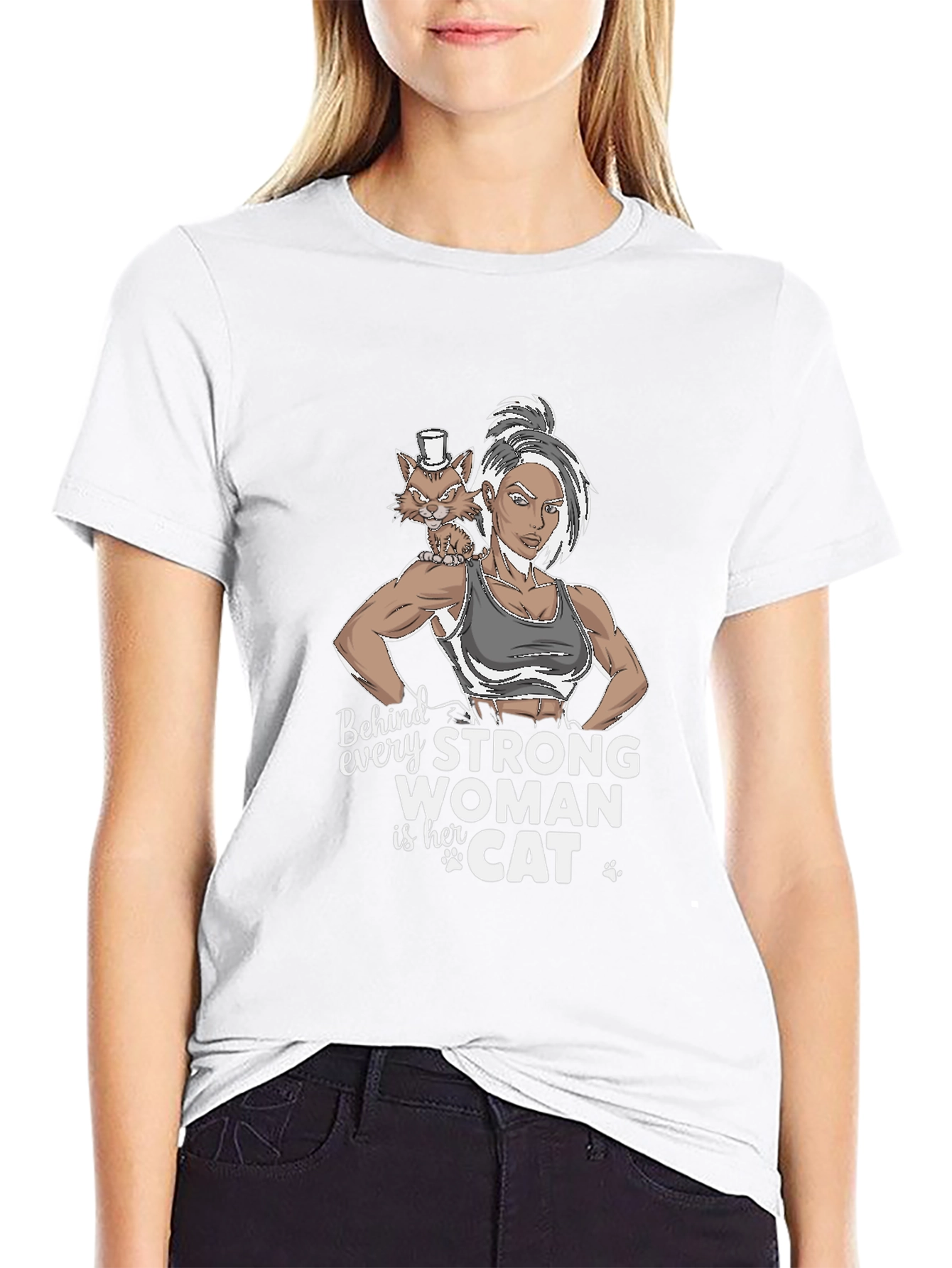 Strong Woman & Cat Graphic T-Shirt