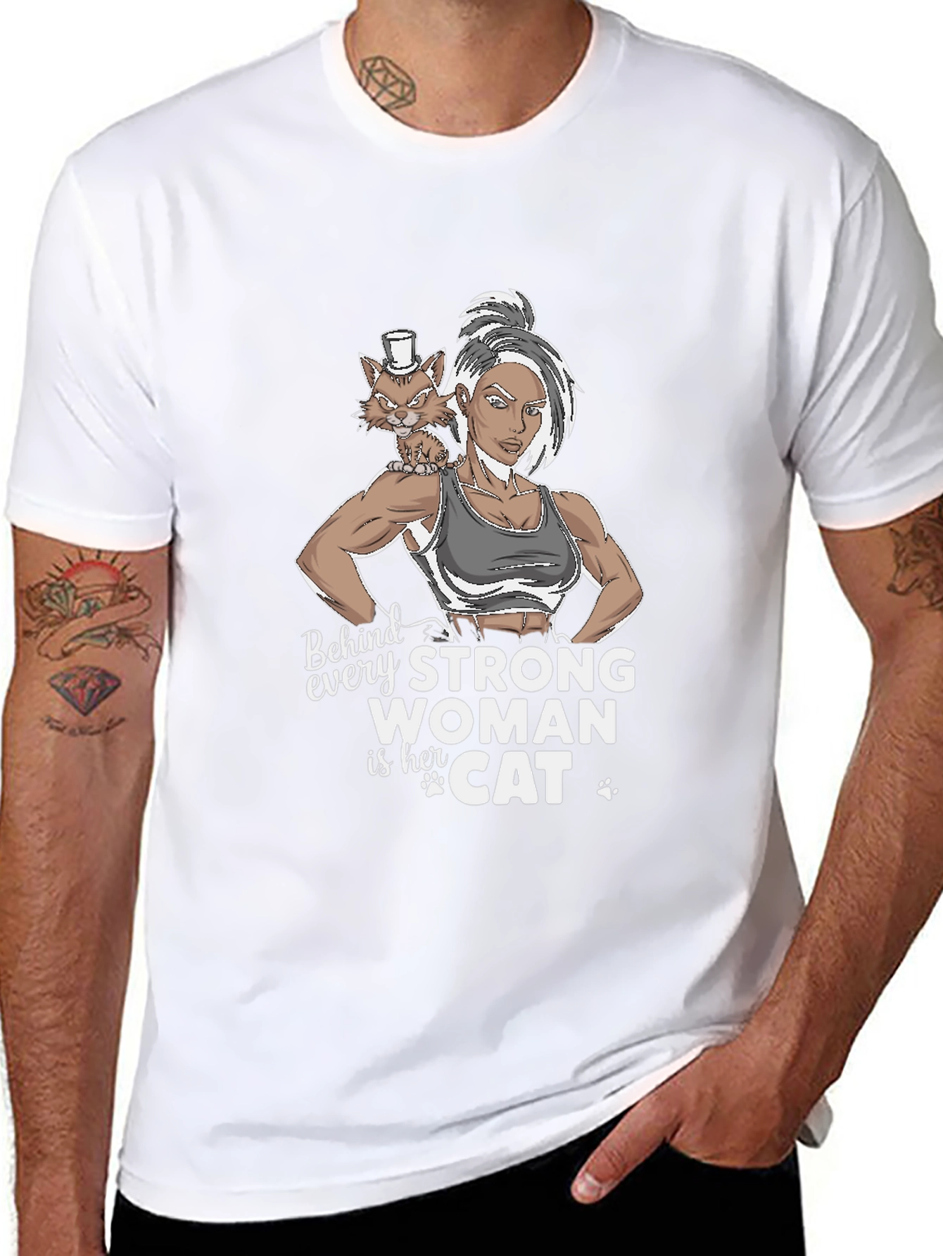 Strong Woman & Cat Graphic T-Shirt
