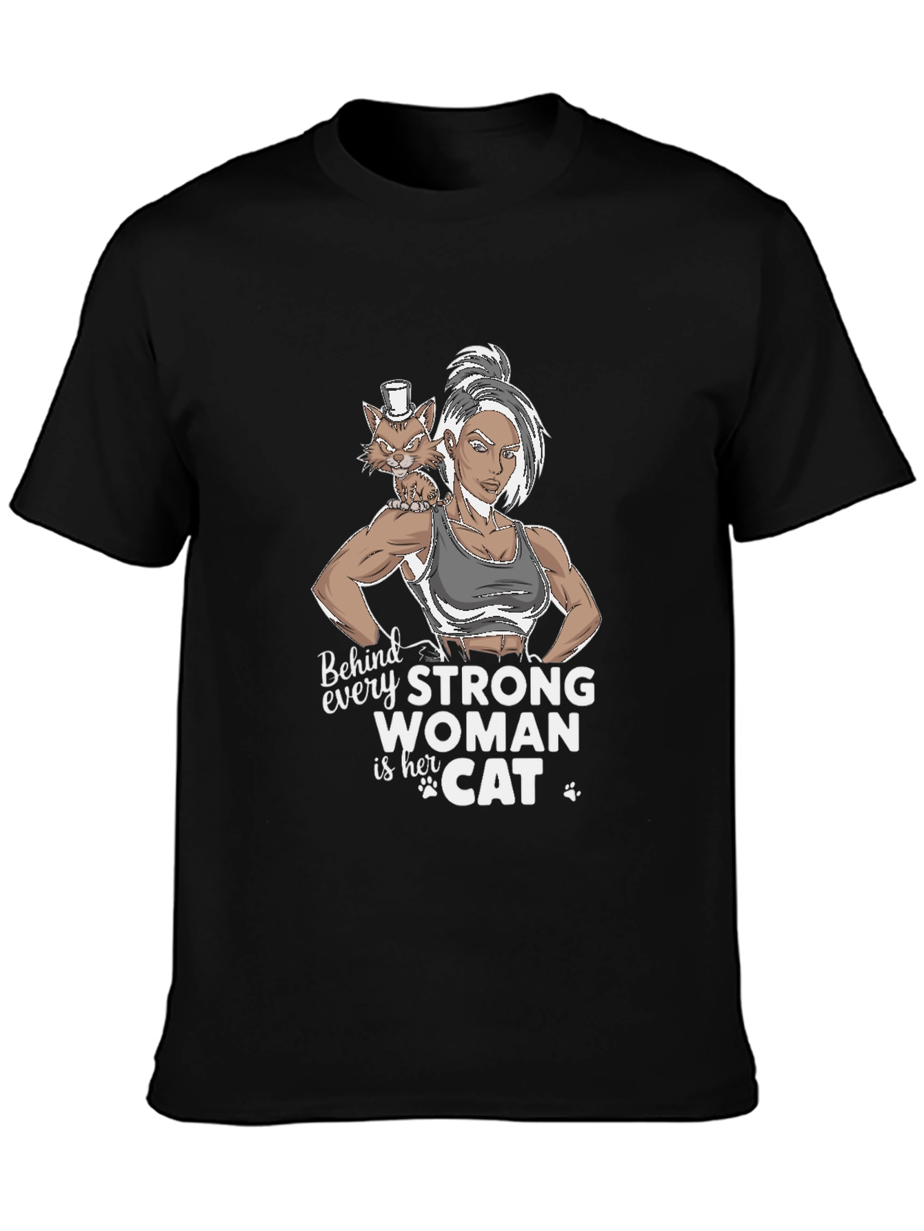 Strong Woman & Cat Graphic T-Shirt
