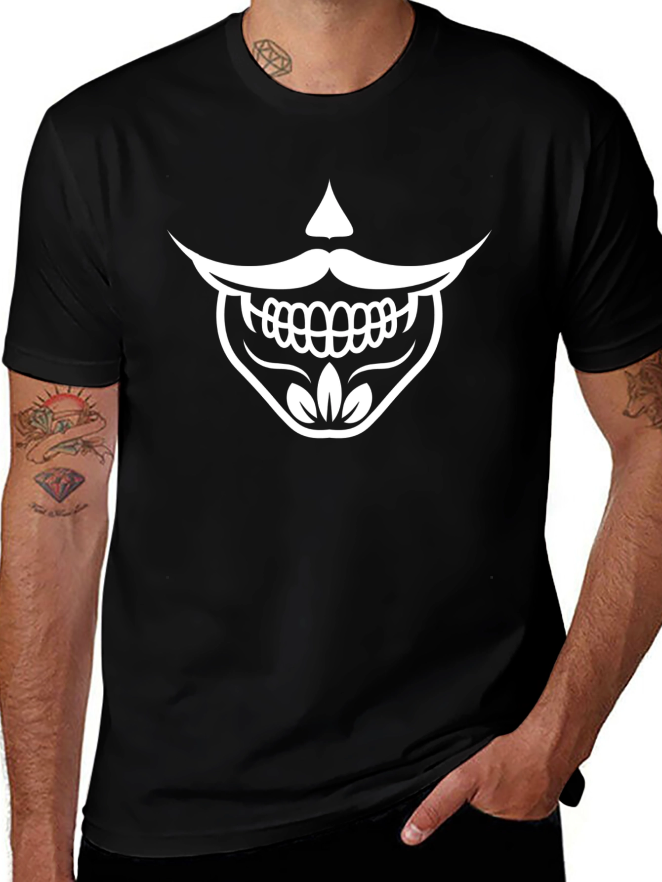 Black T-Shirt with Funny Skeleton Mustache Graphic Tee