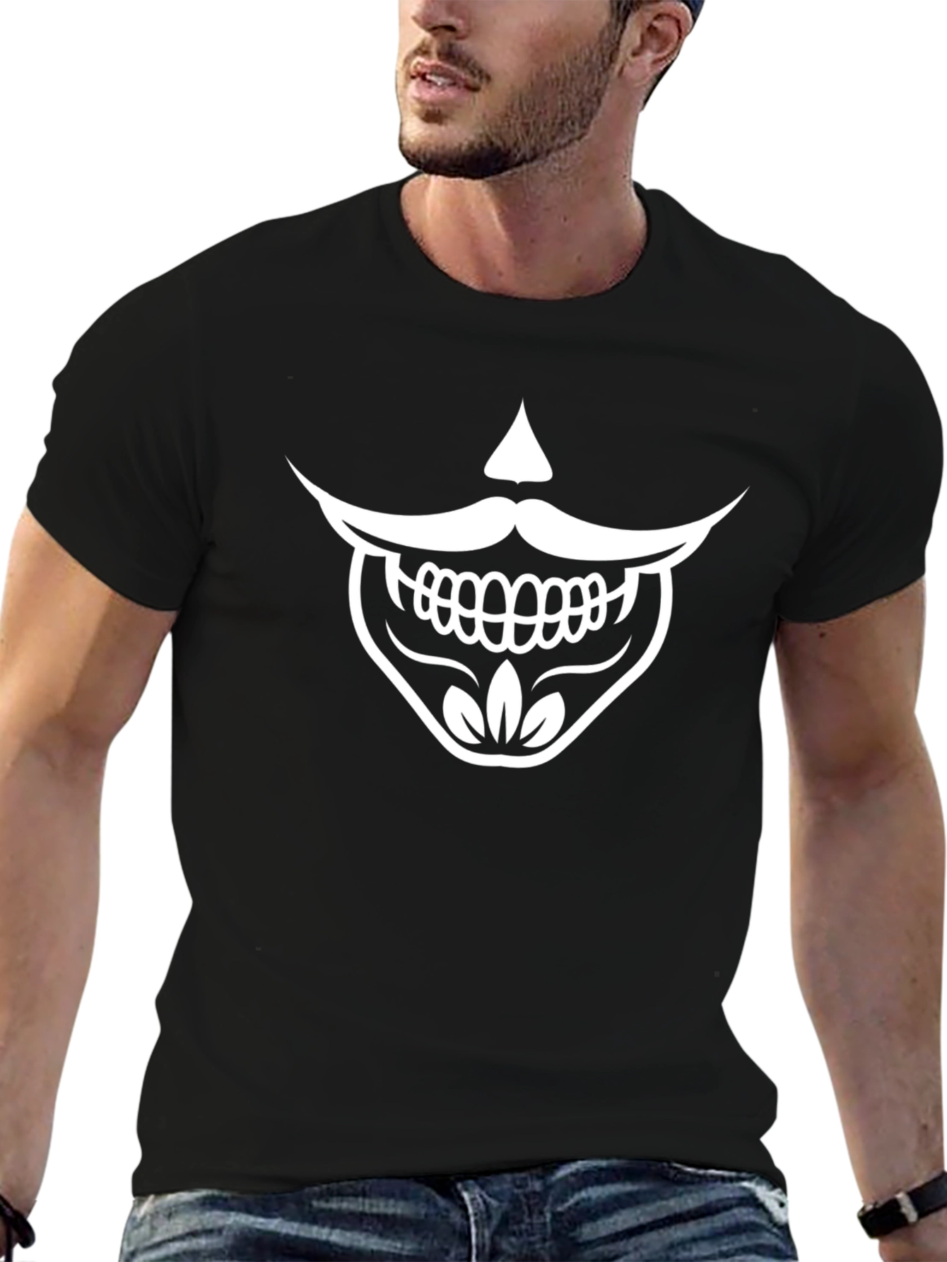 Black T-Shirt with Funny Skeleton Mustache Graphic Tee