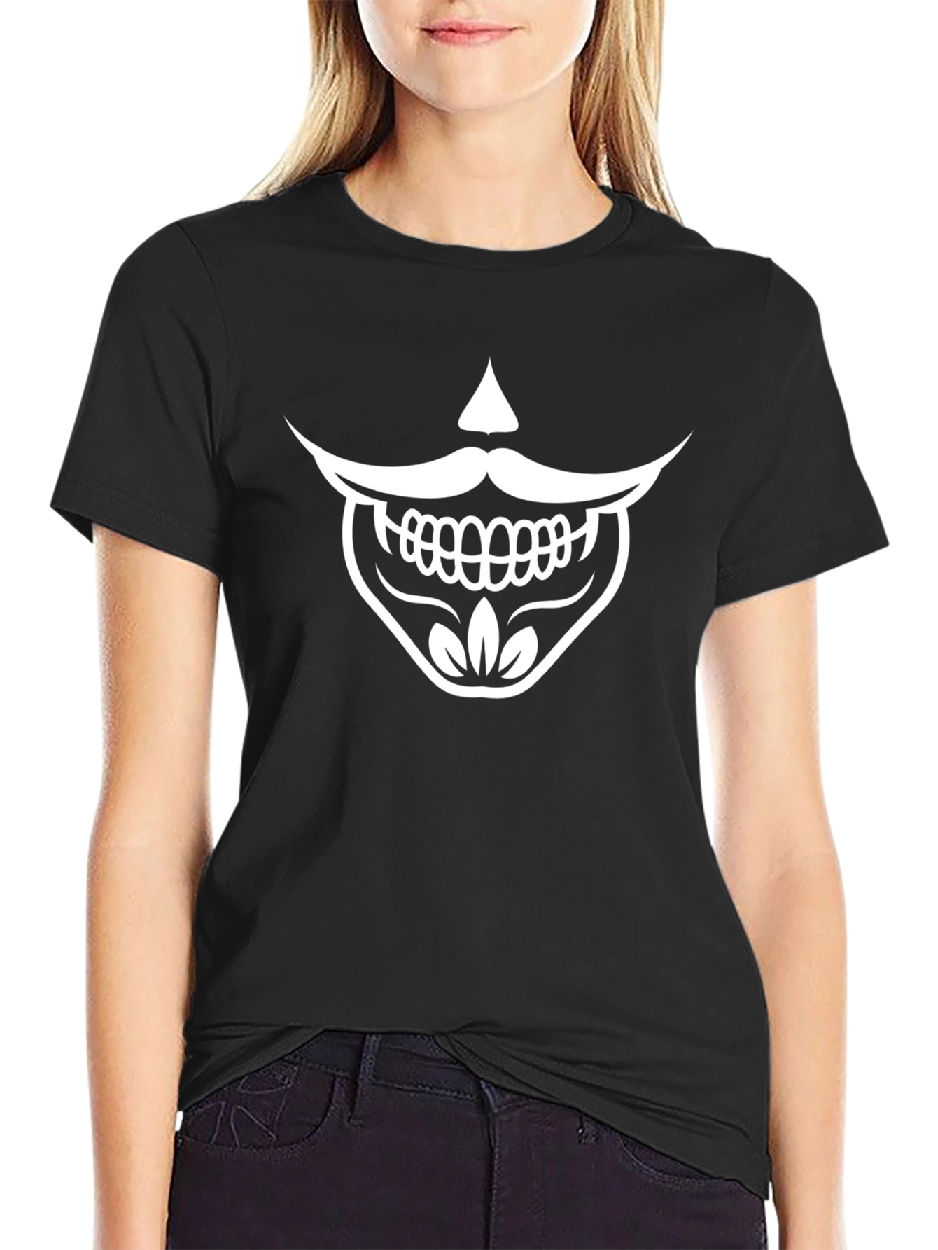 Black T-Shirt with Funny Skeleton Mustache Graphic Tee