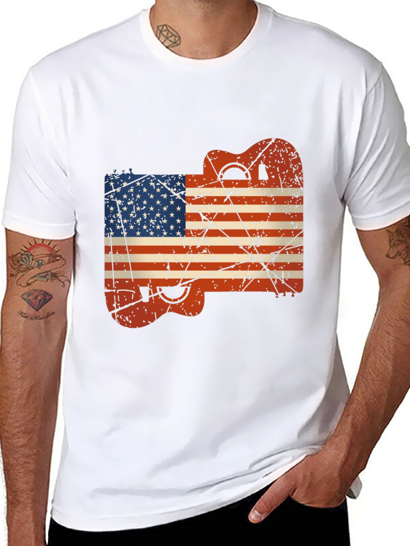 USA Flag Guitar Black T-Shirt