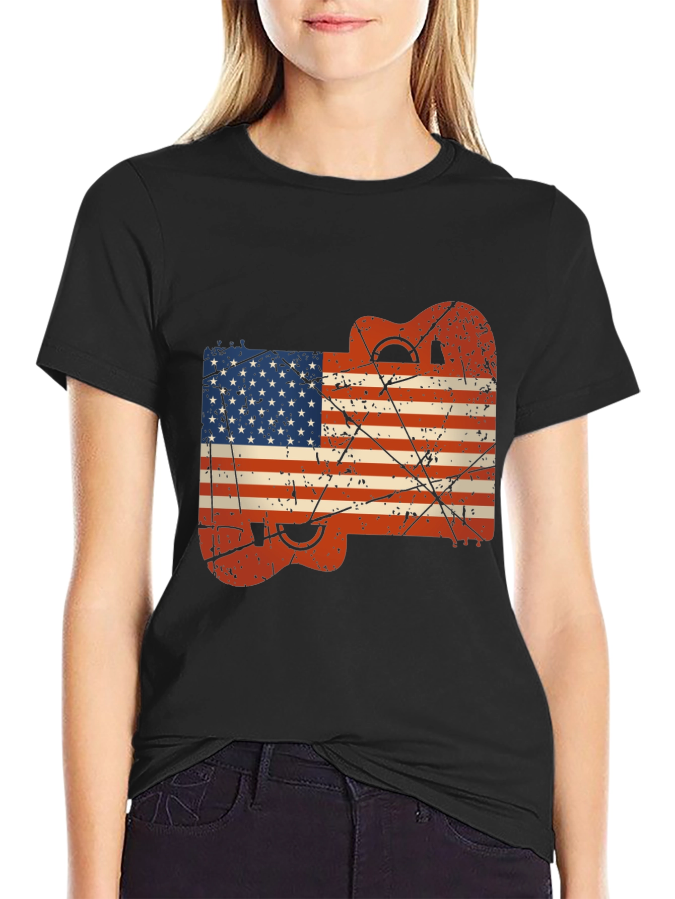 USA Flag Guitar Black T-Shirt