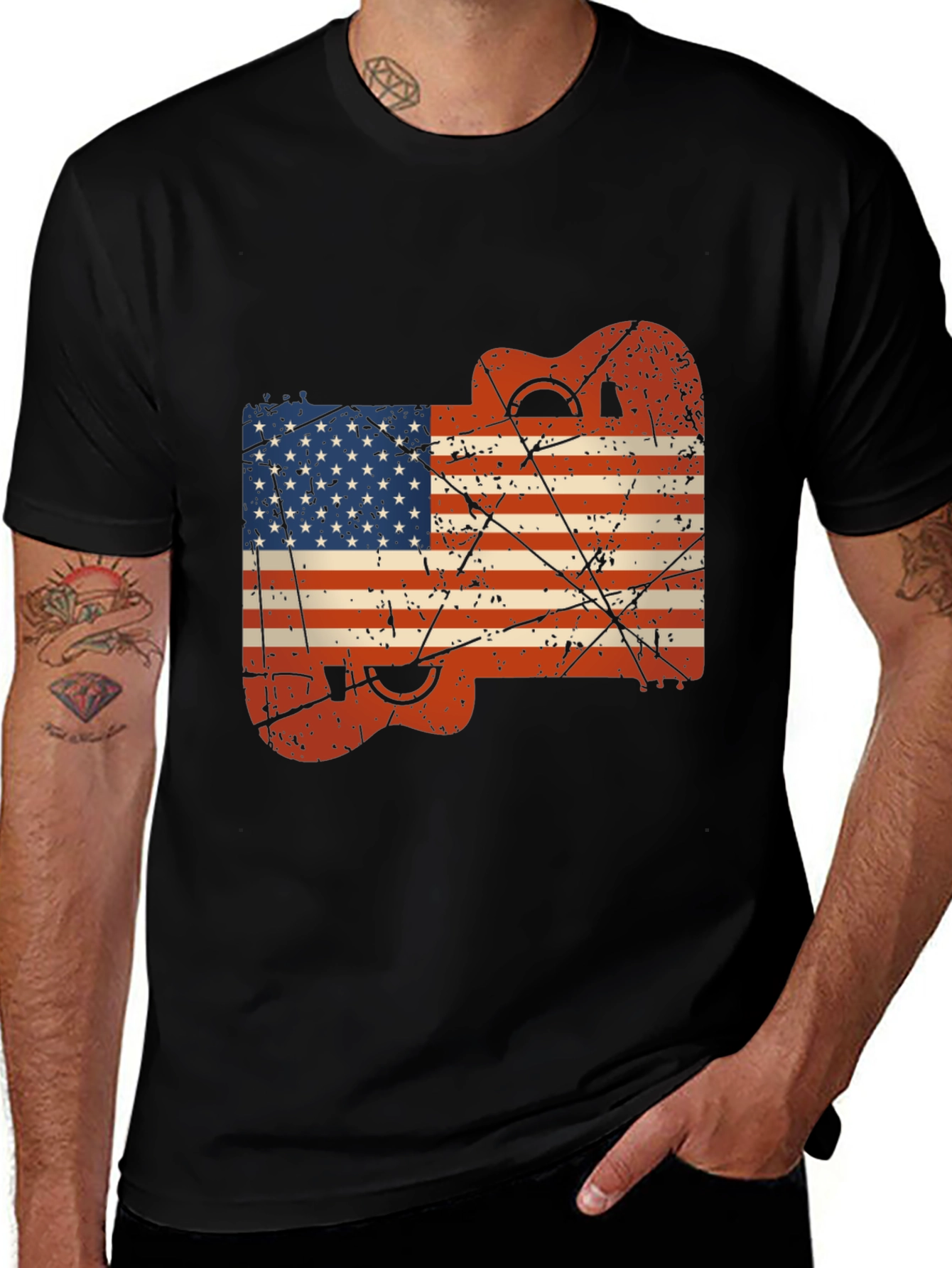 USA Flag Guitar Black T-Shirt