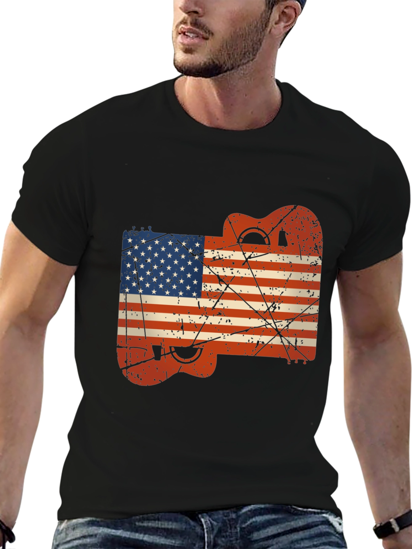 USA Flag Guitar Black T-Shirt