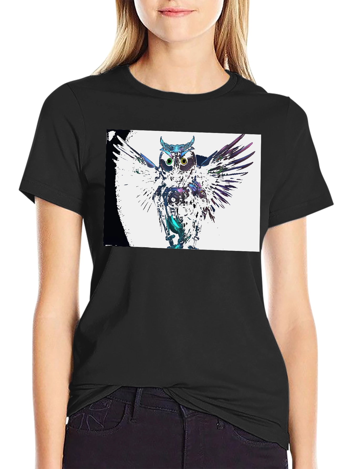 Abstract Owl Graphic Print Black T-Shirt