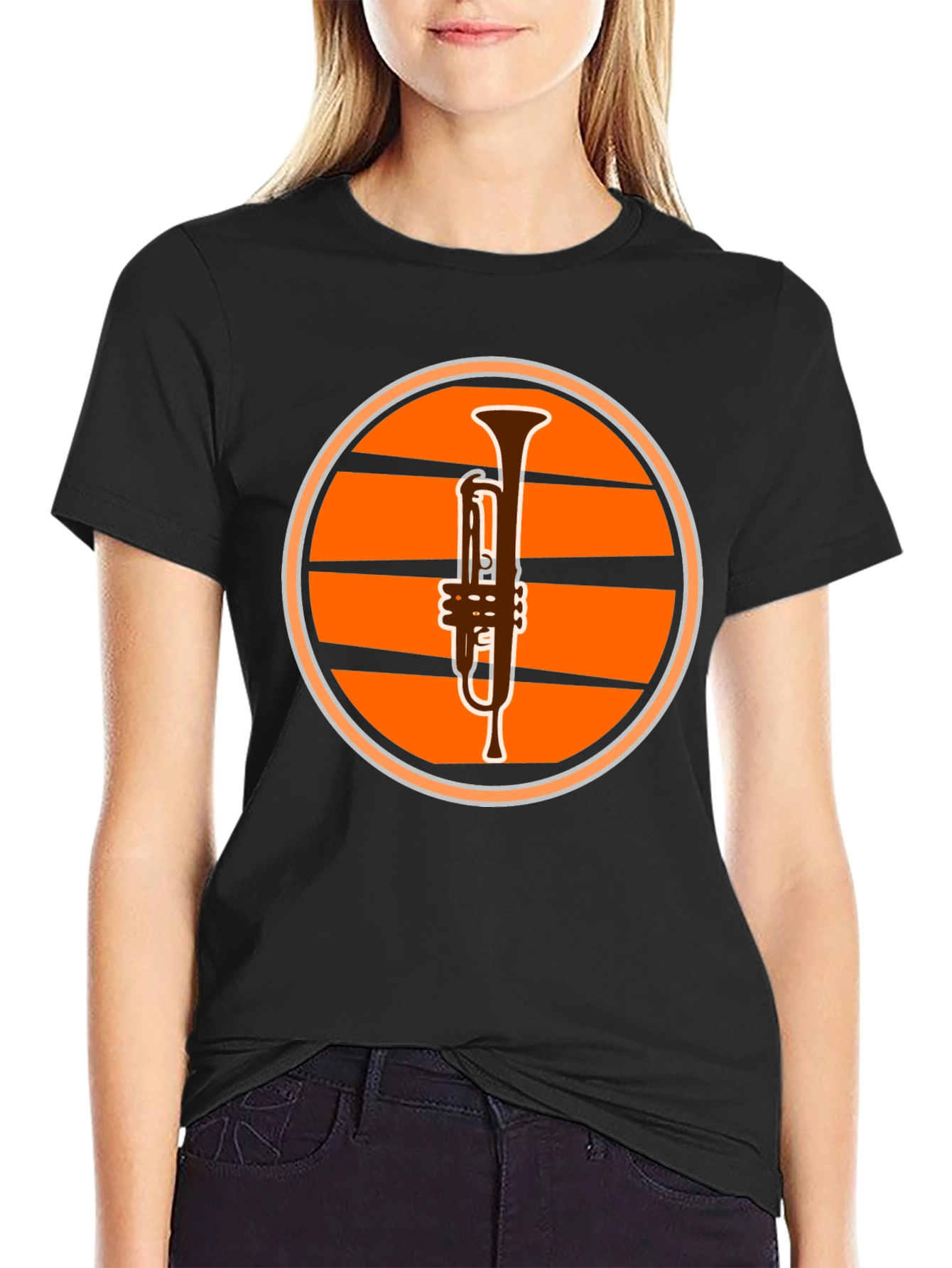 Trumpet Sunset Graphic Tee - Black Casual T-Shirt