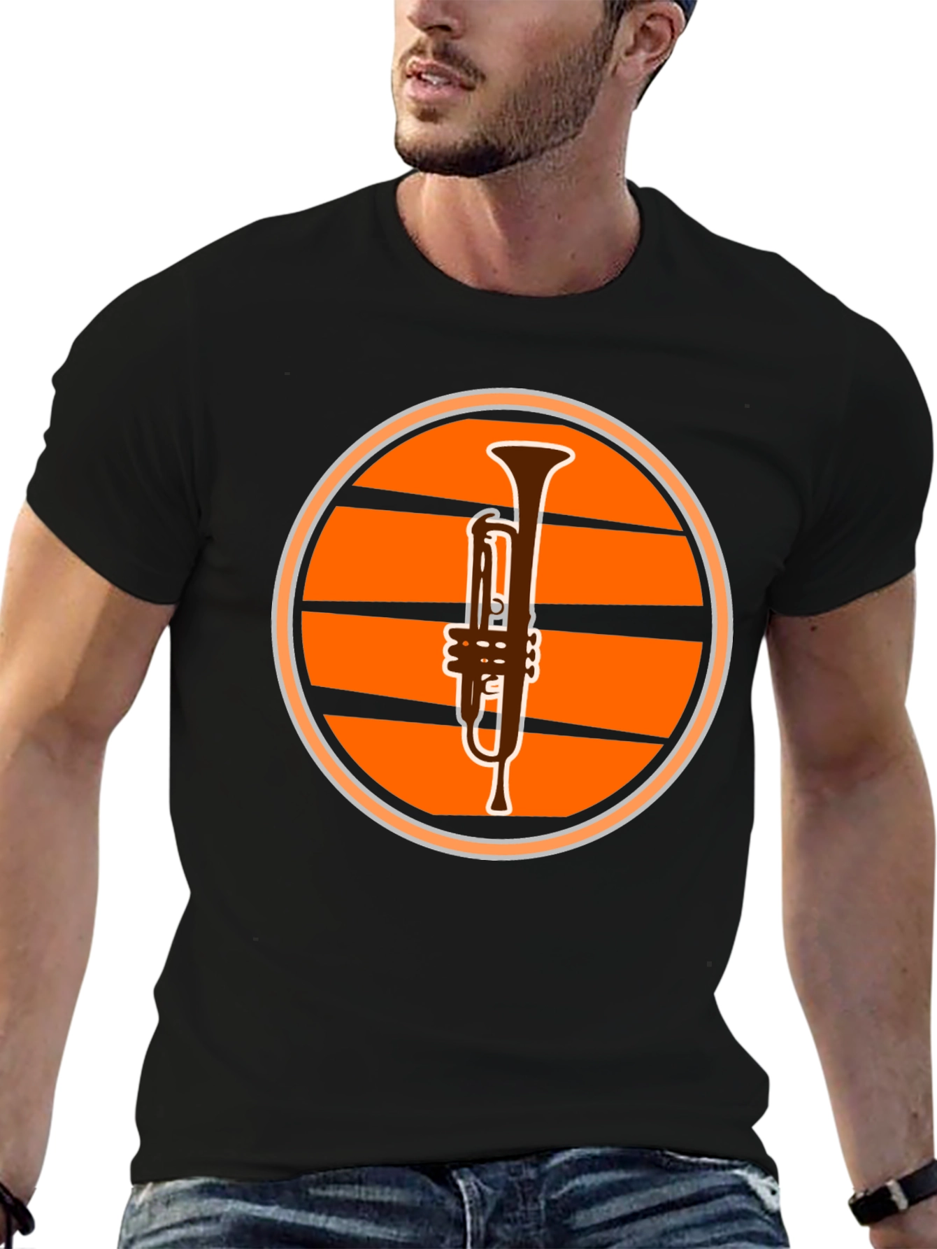 Trumpet Sunset Graphic Tee - Black Casual T-Shirt