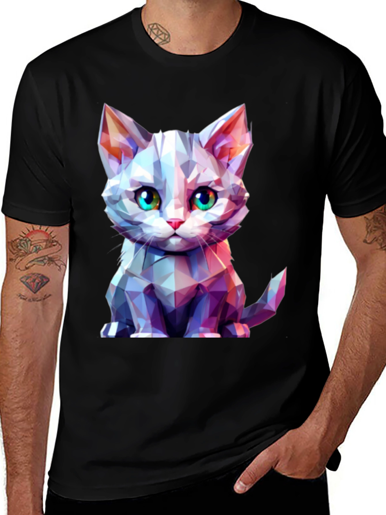 Geometric Cat Graphic Tee - Stylish Mens Black T-Shirt