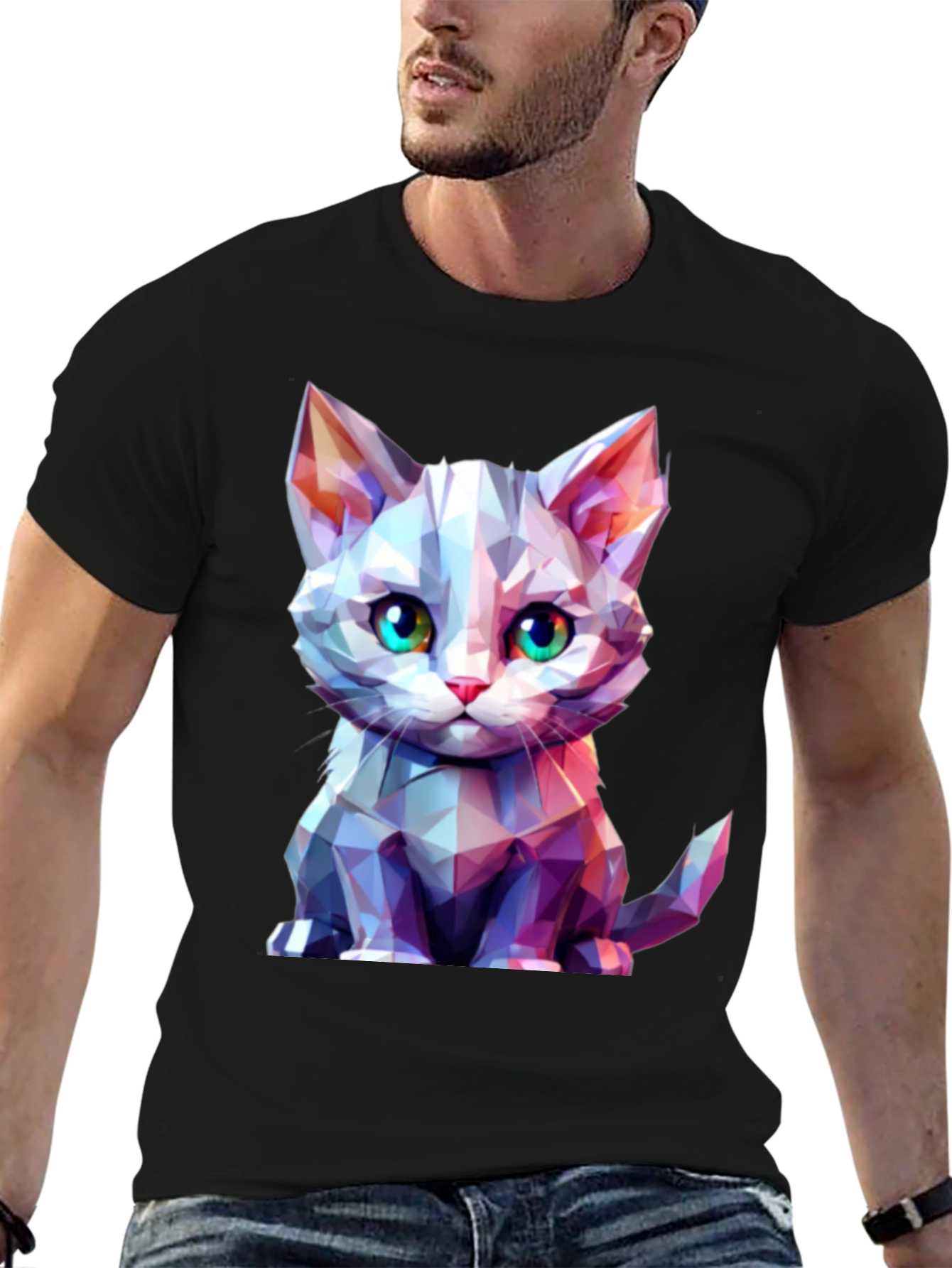 Geometric Cat Graphic Tee - Stylish Mens Black T-Shirt