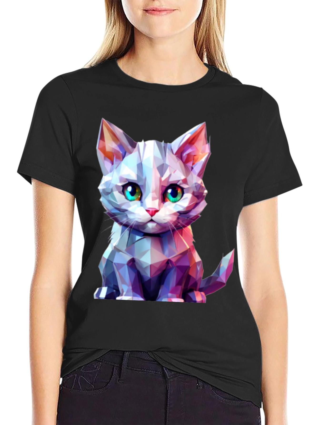 Geometric Cat Graphic Tee - Stylish Mens Black T-Shirt