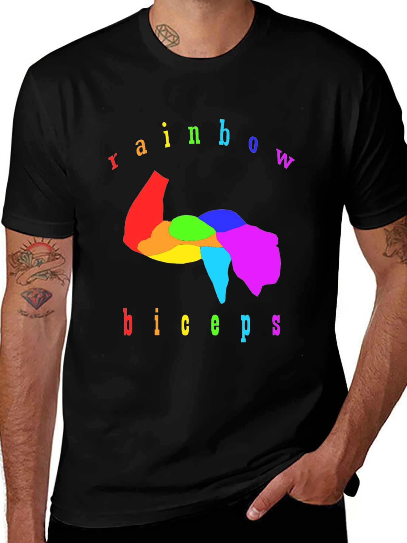 Rainbow Biceps Graphic Tee - Black Cotton T-Shirt