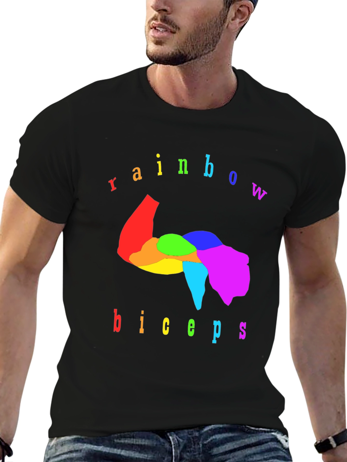 Rainbow Biceps Graphic Tee - Black Cotton T-Shirt