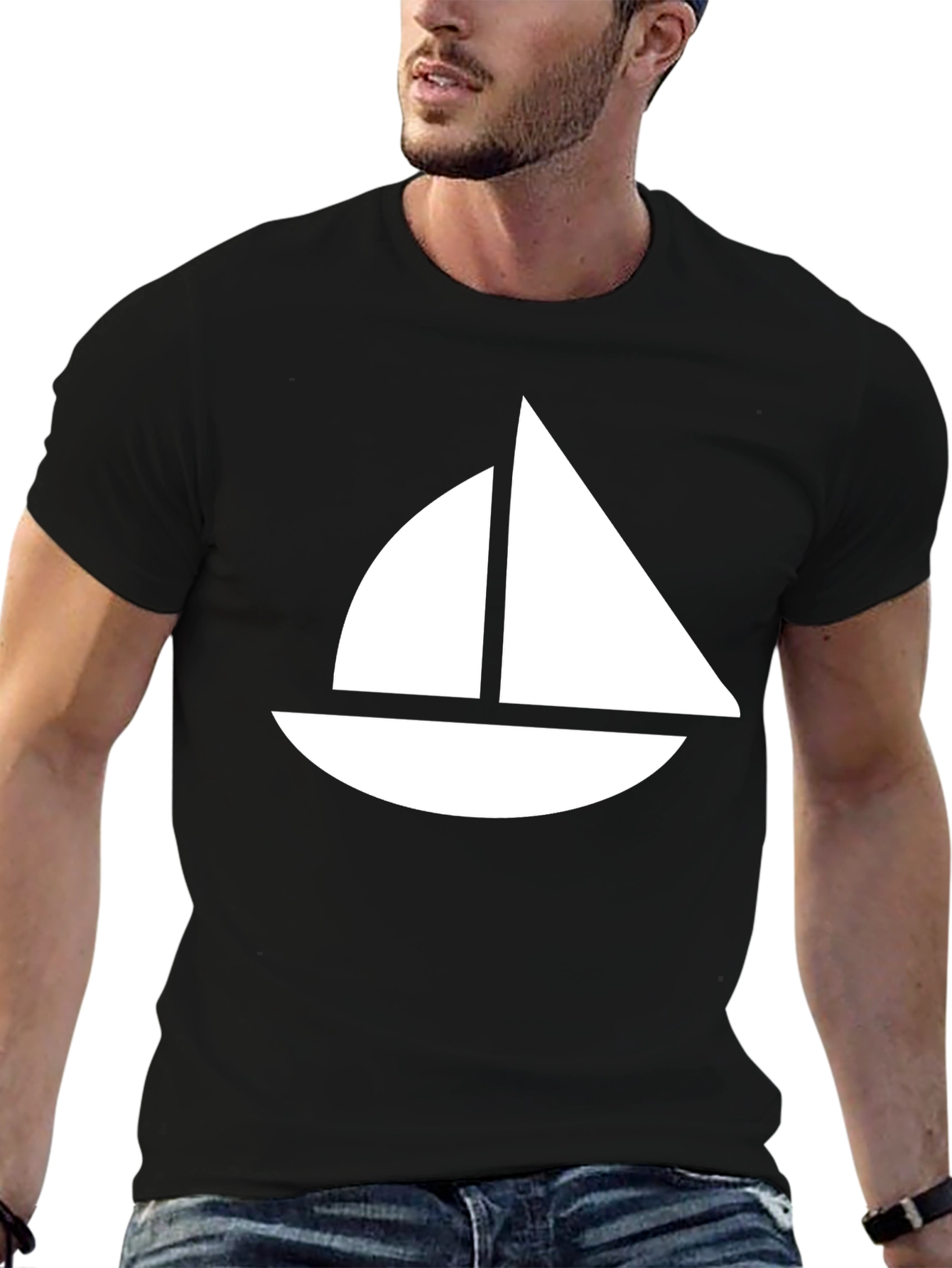 Sailing Boat Graphic Tee - Black Cotton T-Shirt