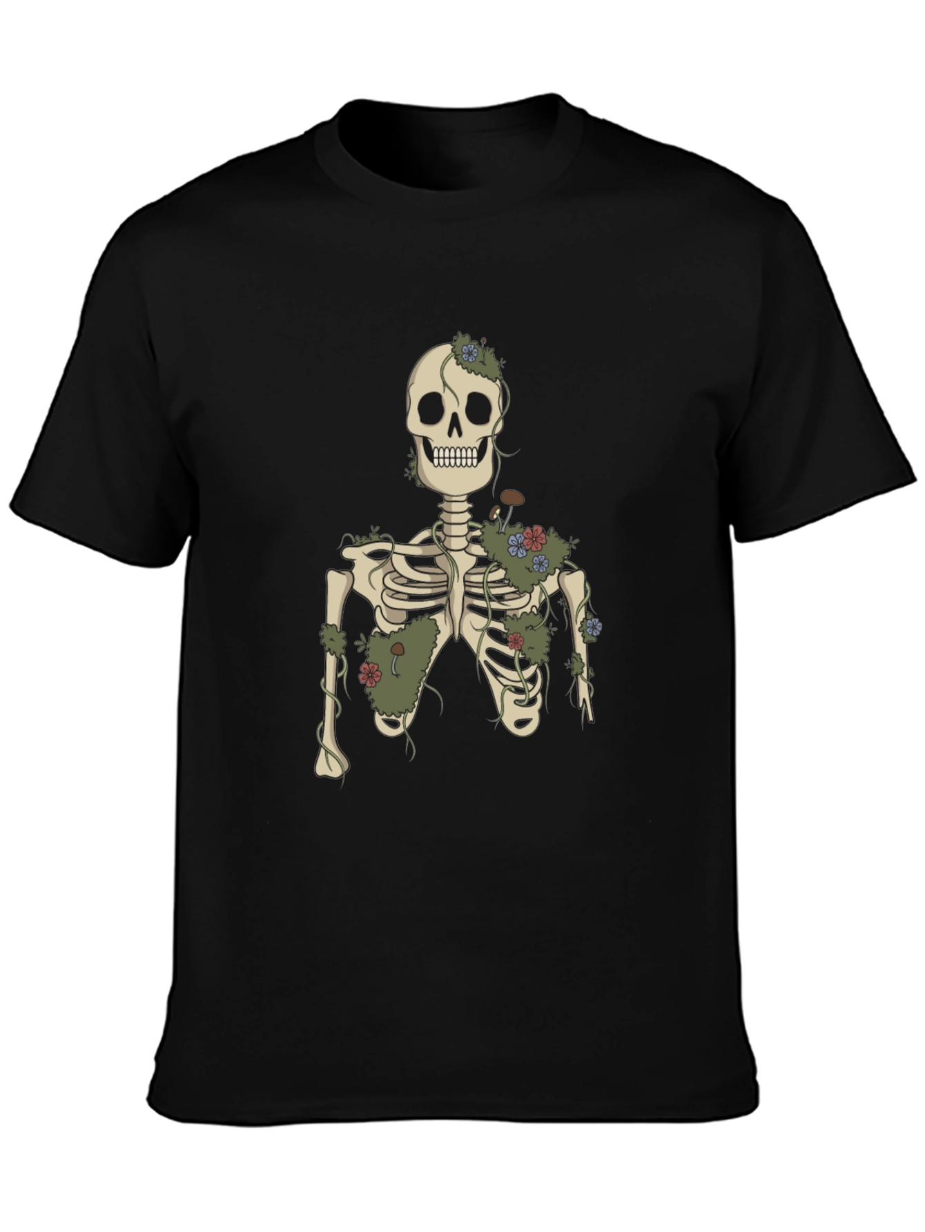 Floral Skeleton Graphic Tee - Black Cotton