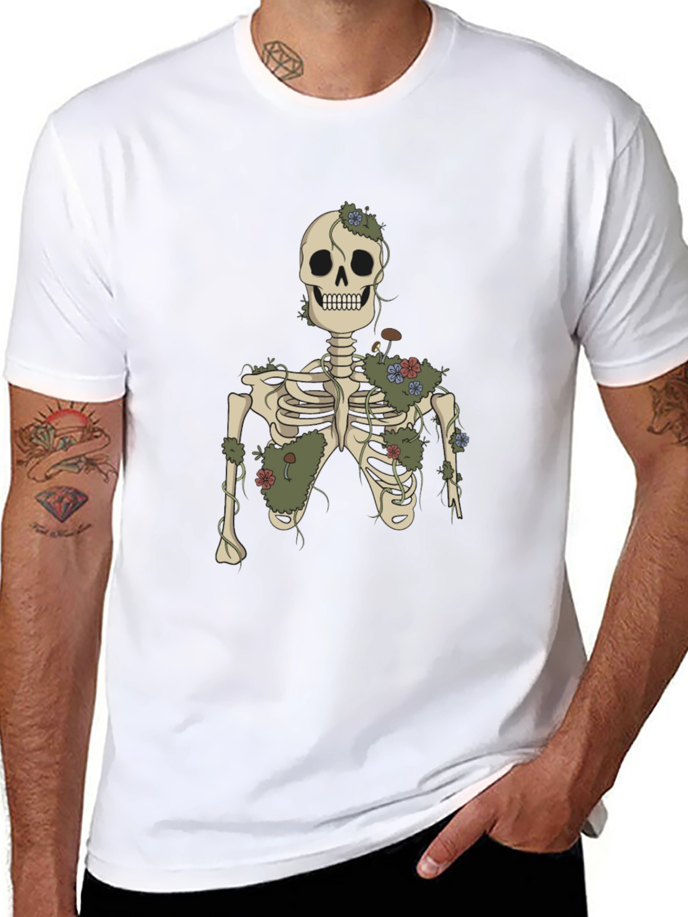 Floral Skeleton Graphic Tee - Black Cotton