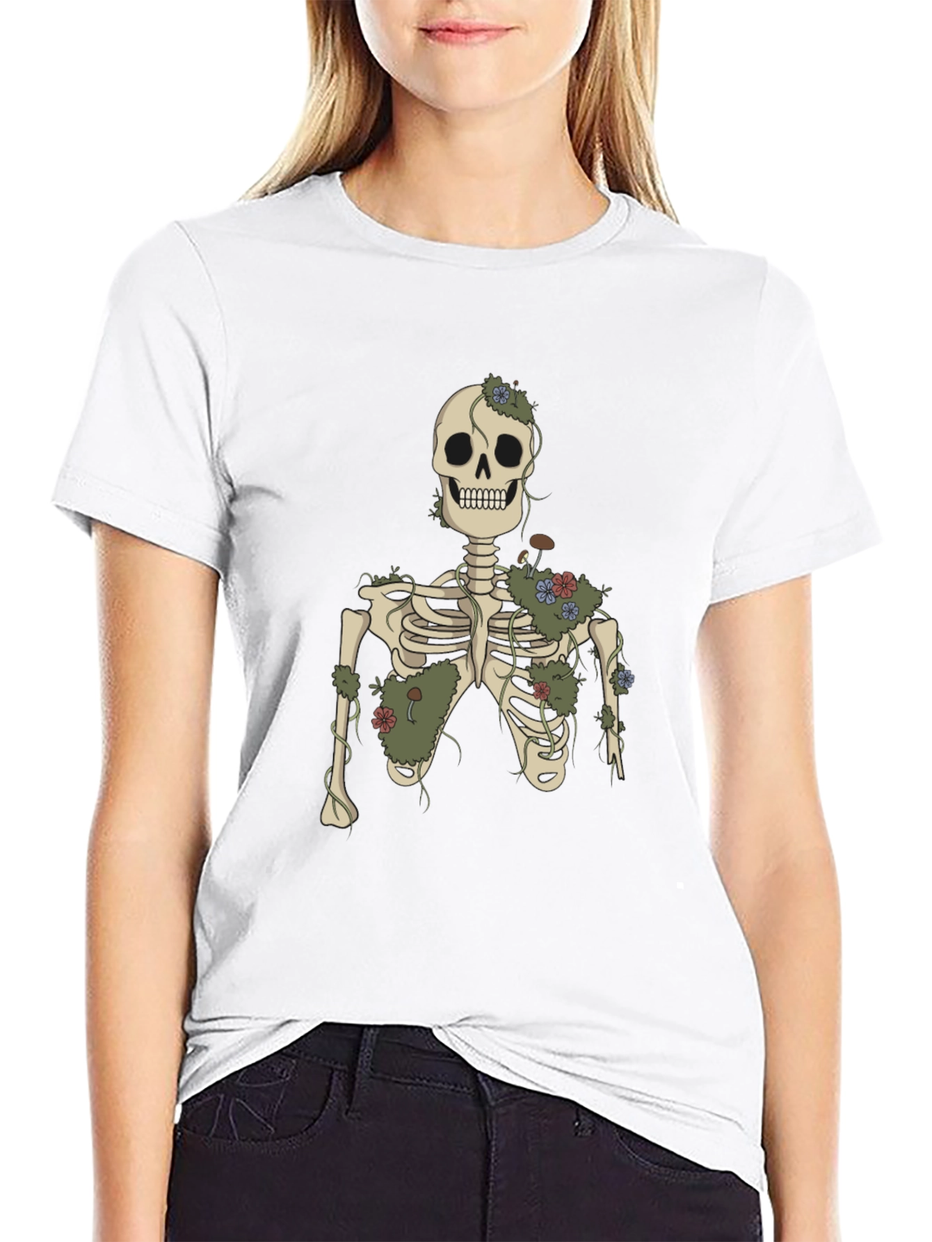 Floral Skeleton Graphic Tee - Black Cotton