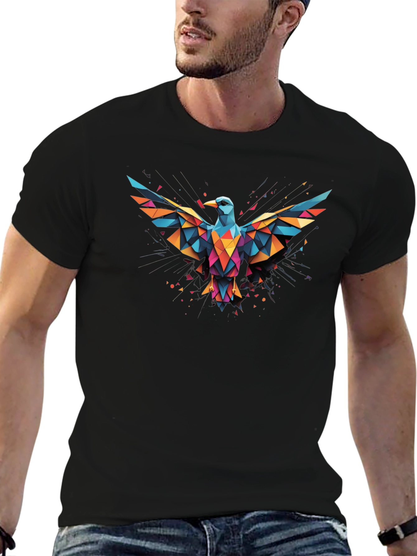 Geometric Bird Graphic Black T-Shirt