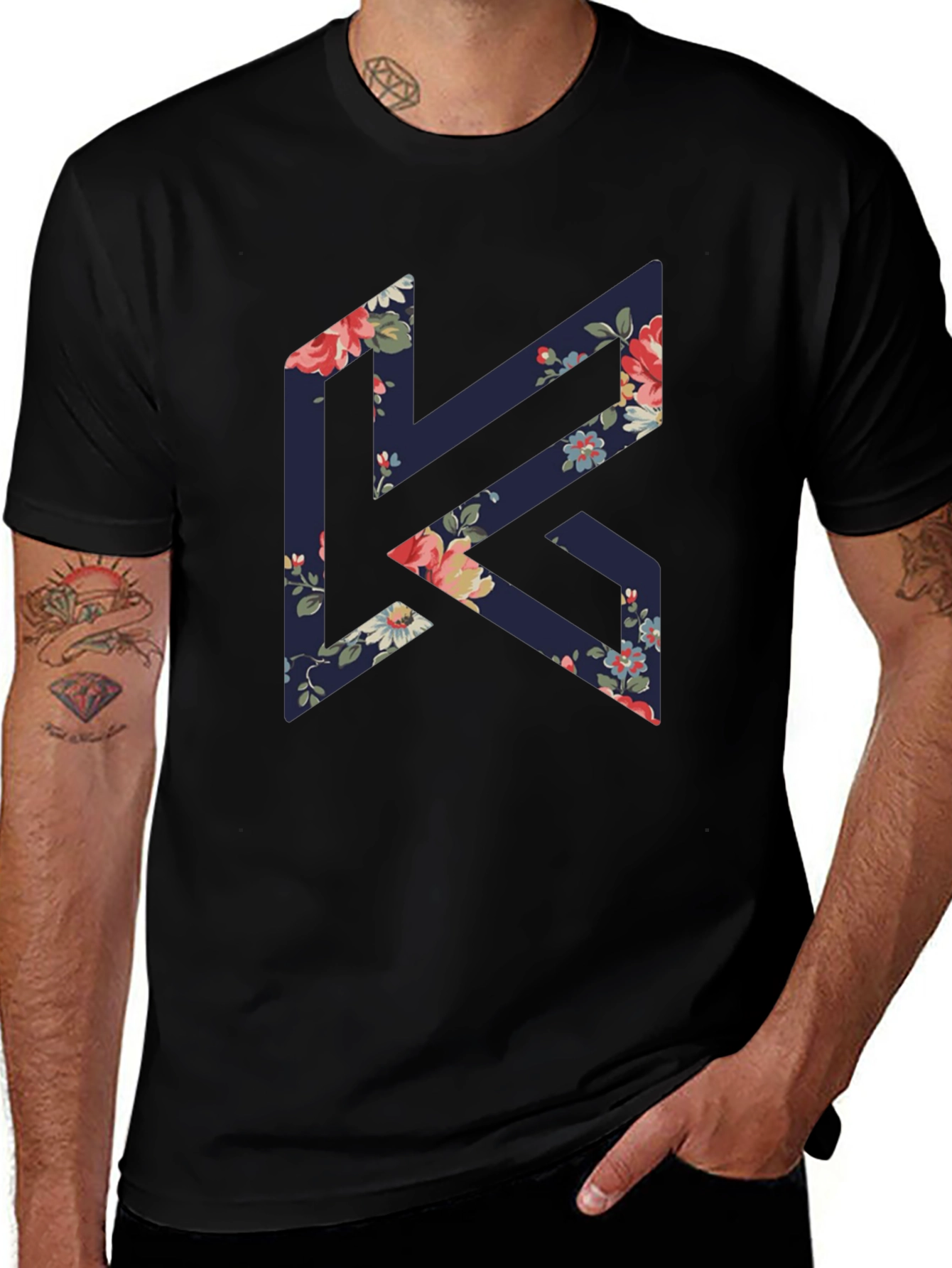 Floral K Black Tee - Stylish Geometric Design