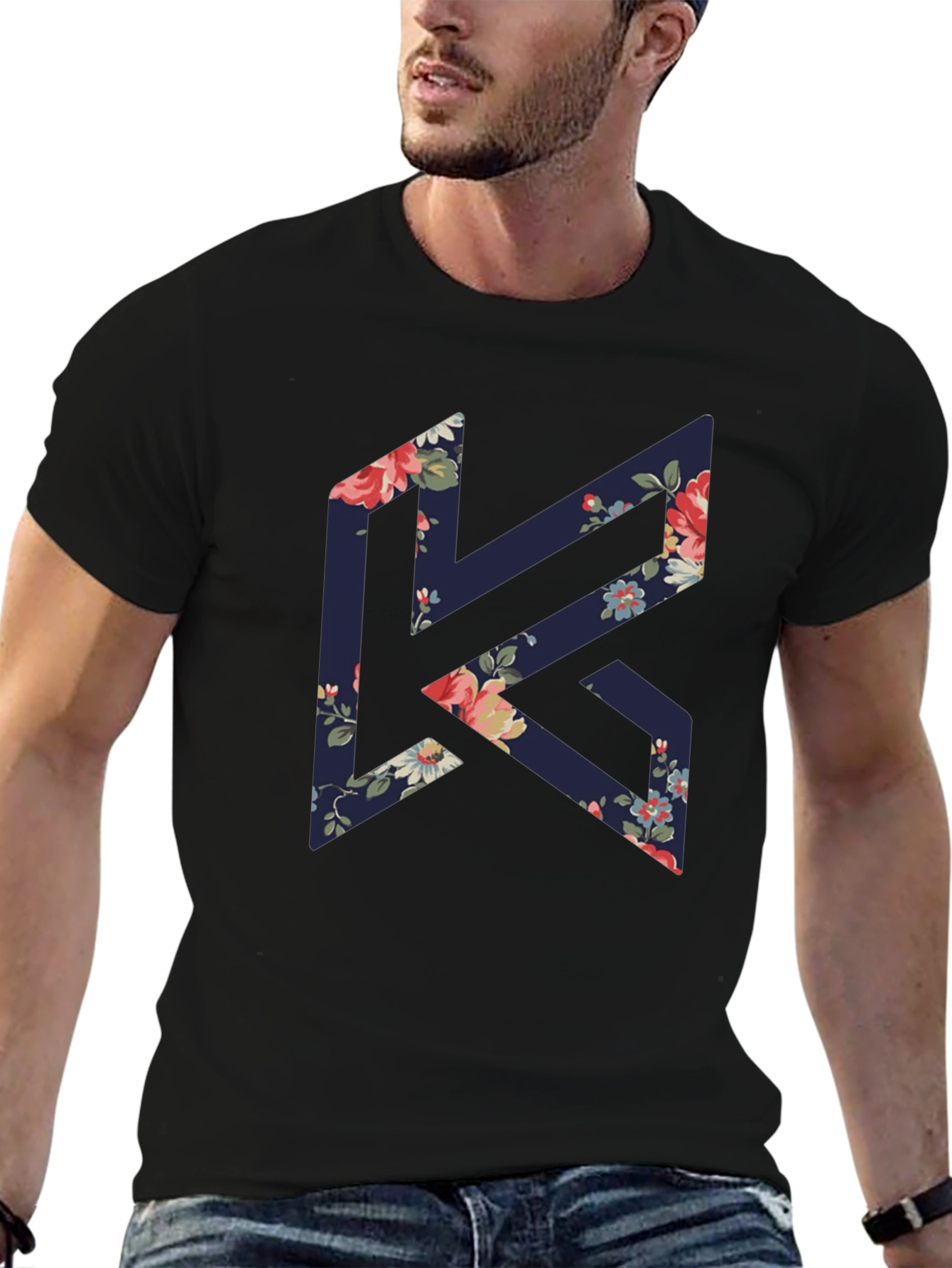 Floral K Black Tee - Stylish Geometric Design