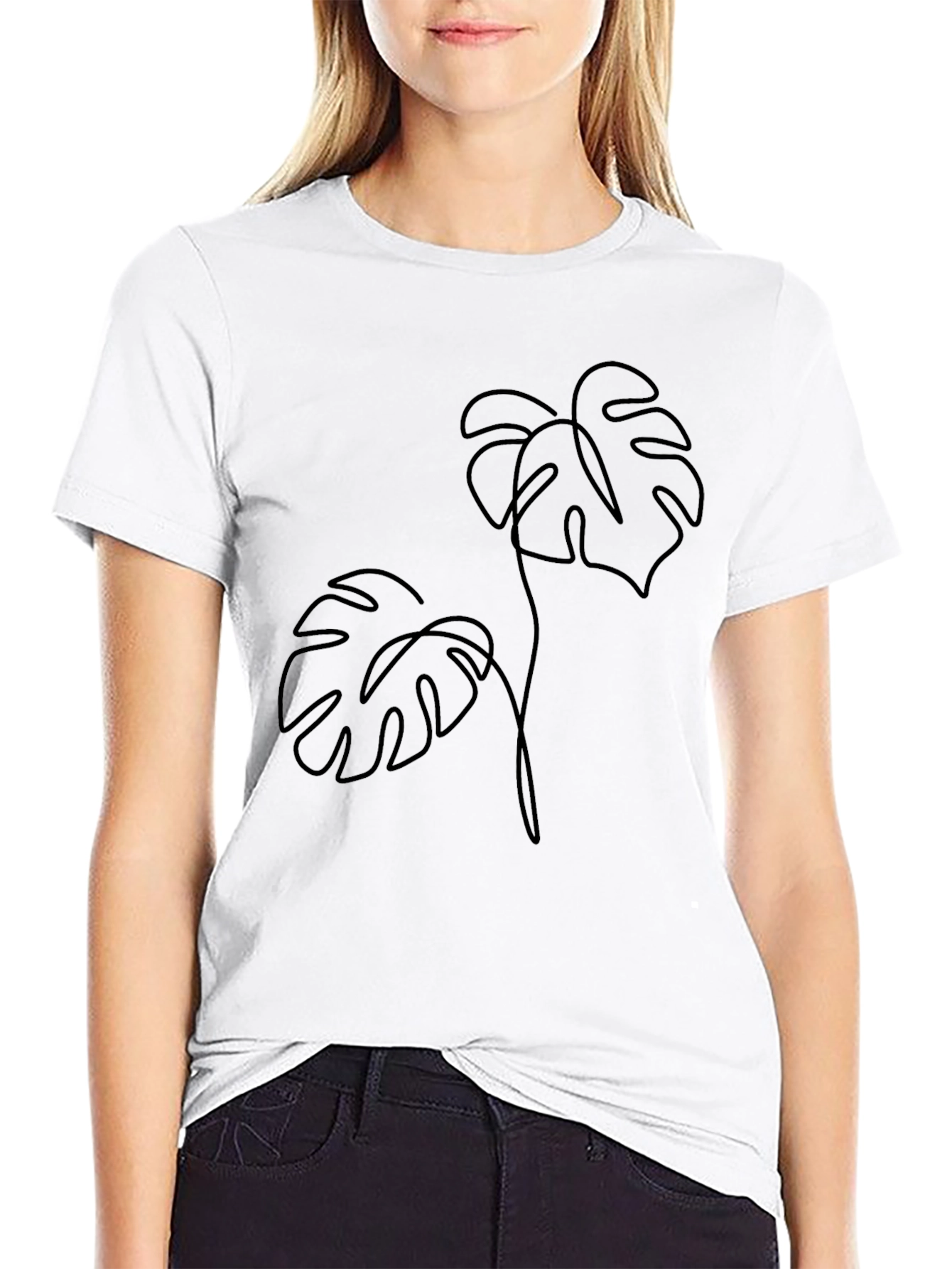 Minimalist Monstera Leaf Graphic Tee - Black