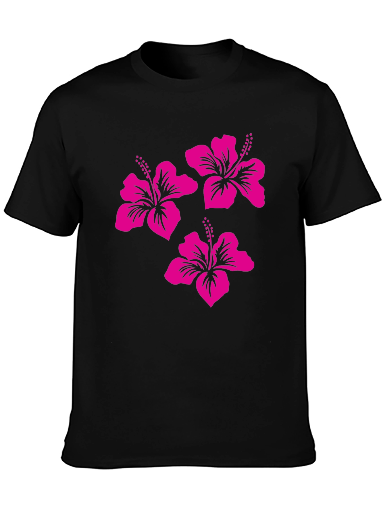 Black Tee with Pink Hibiscus Flower Design