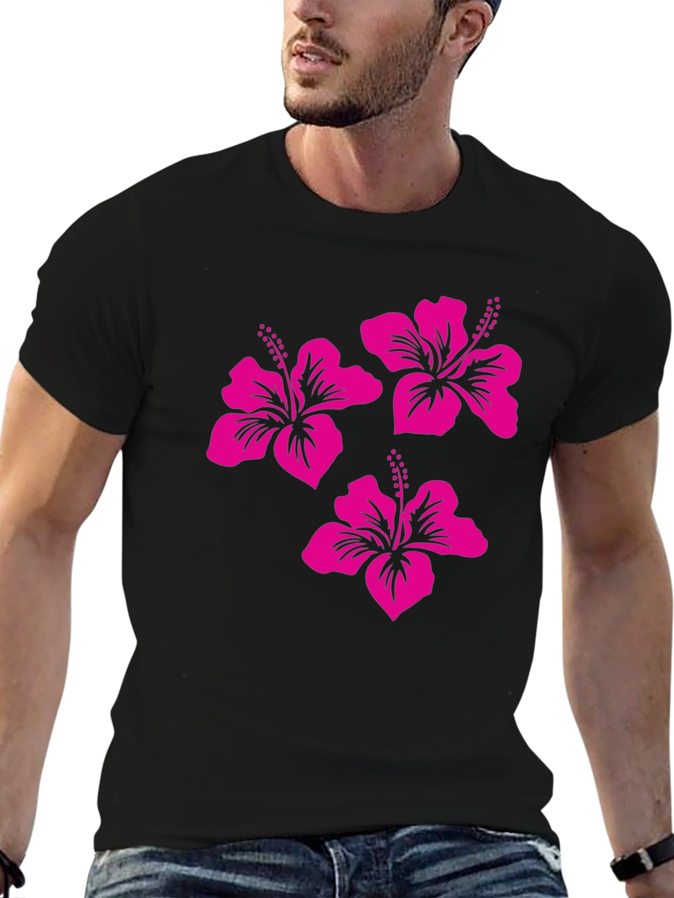 Black Tee with Pink Hibiscus Flower Design