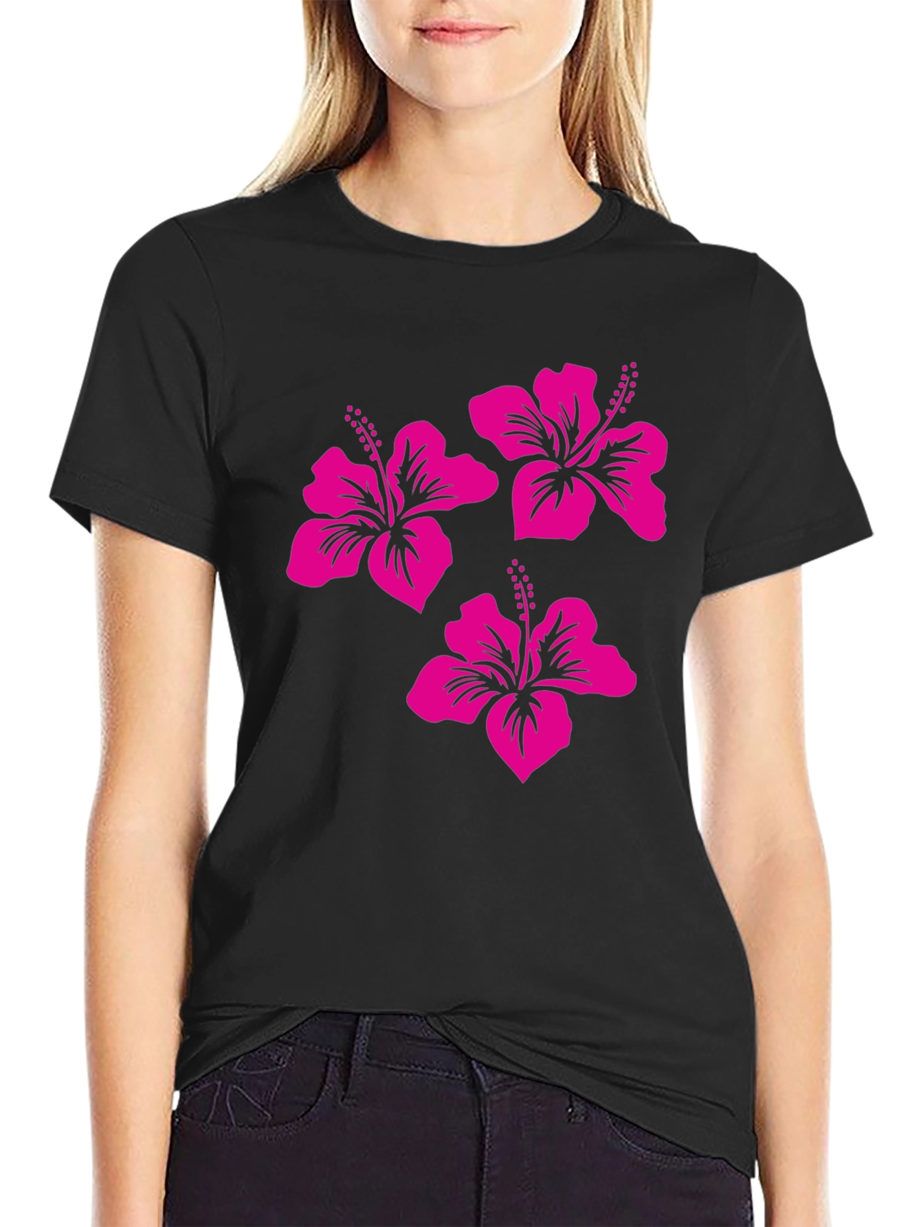 Black Tee with Pink Hibiscus Flower Design