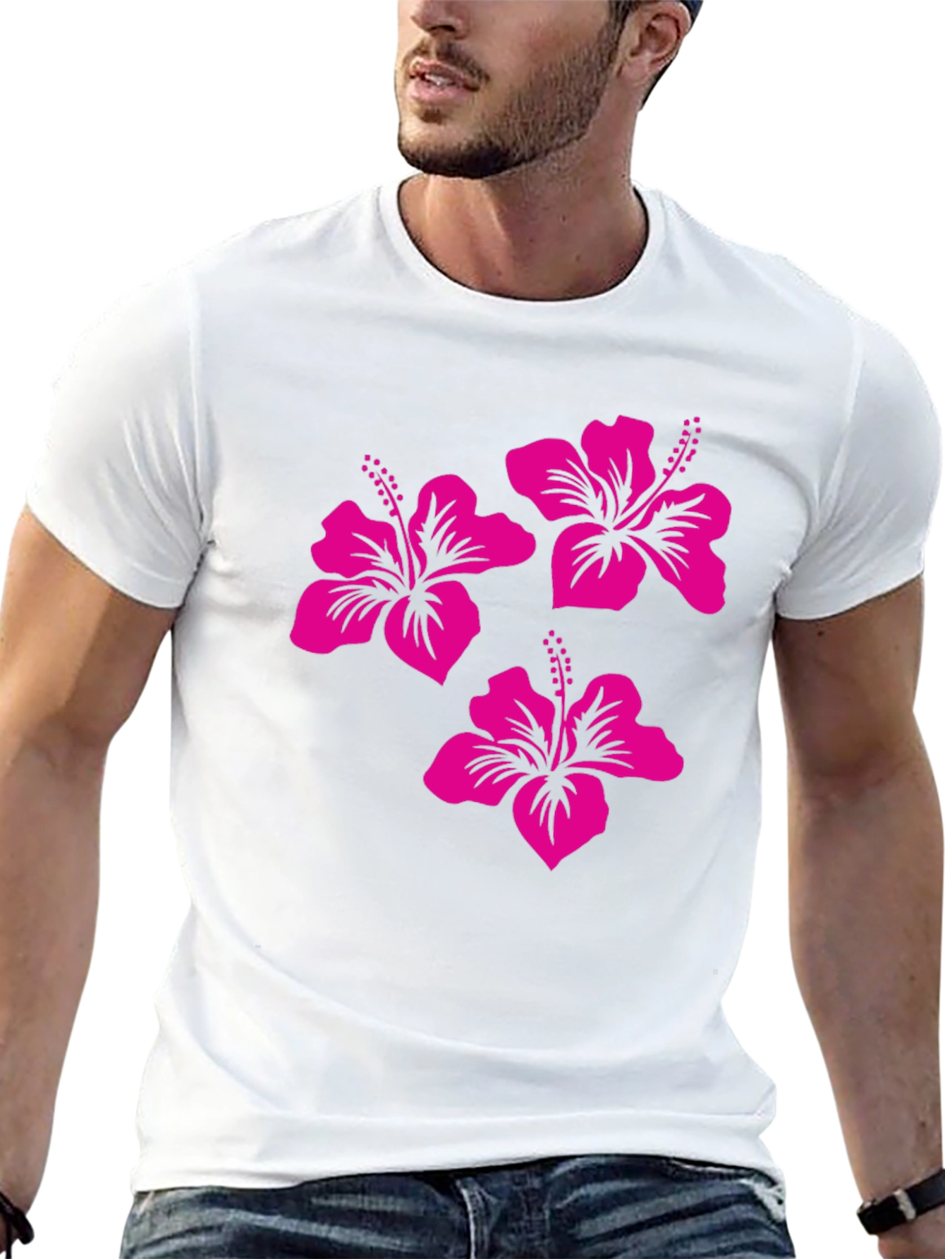 Black Tee with Pink Hibiscus Flower Design