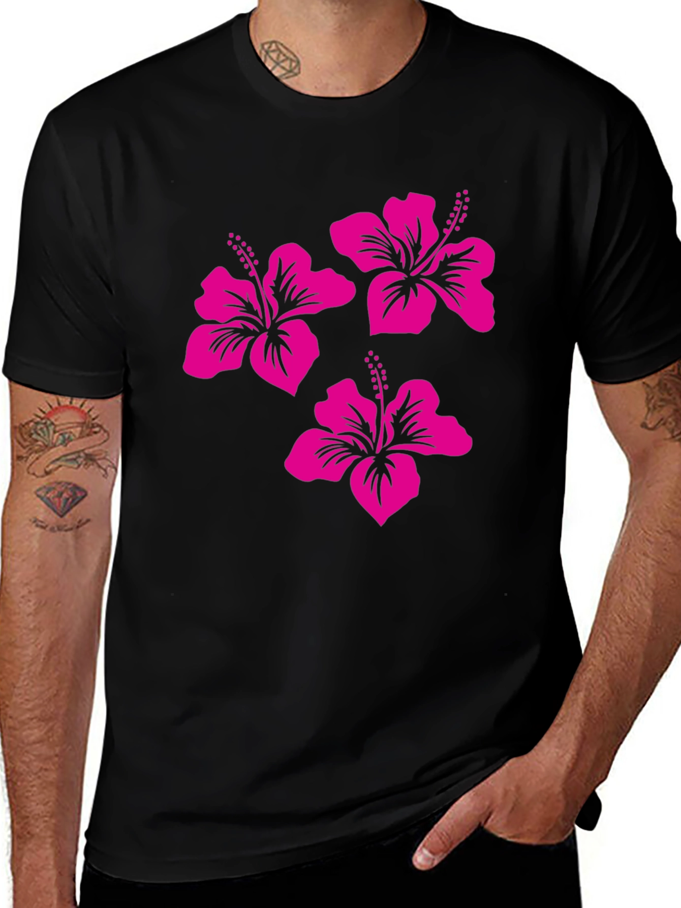 Black Tee with Pink Hibiscus Flower Design