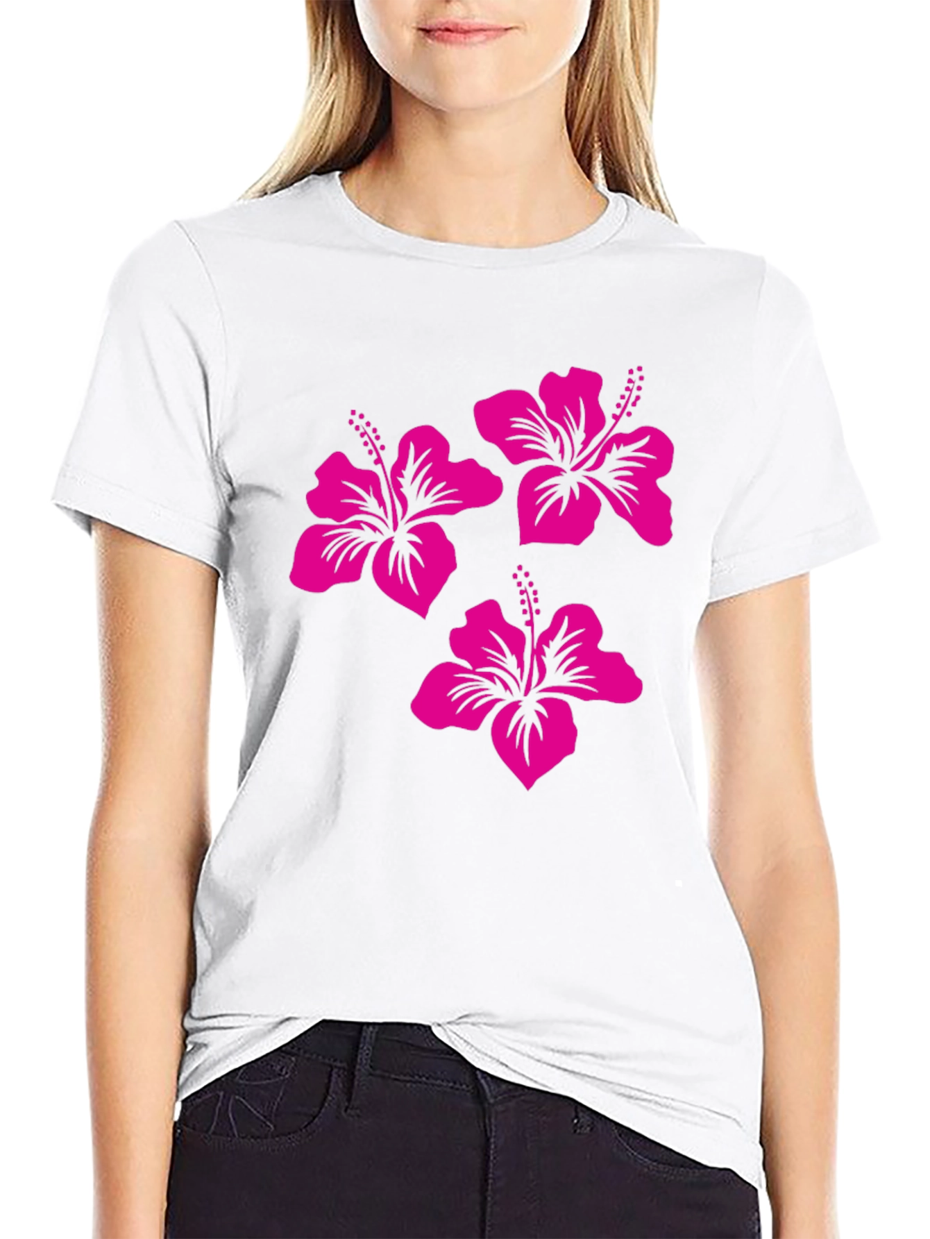 Black Tee with Pink Hibiscus Flower Design