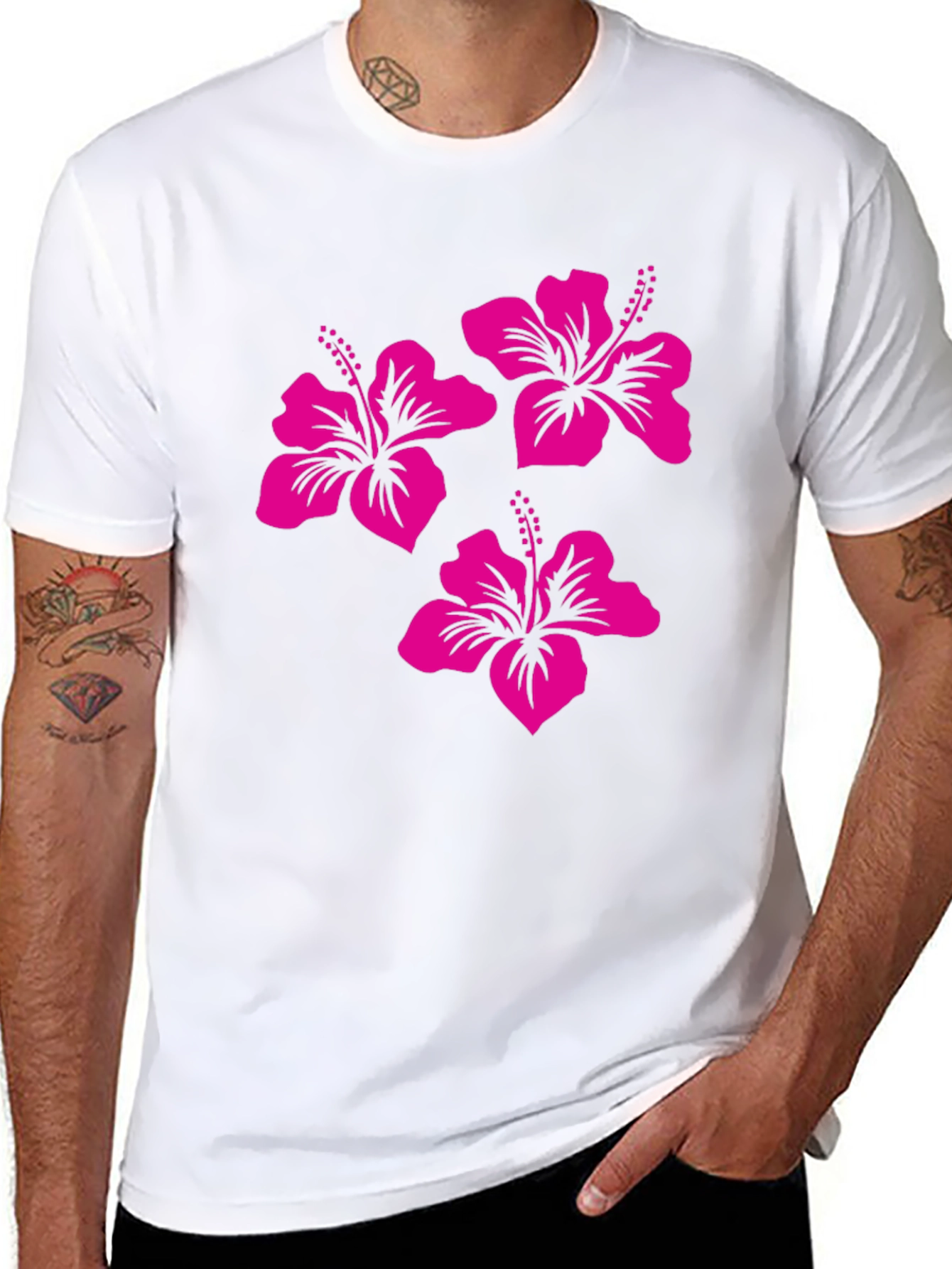 Black Tee with Pink Hibiscus Flower Design